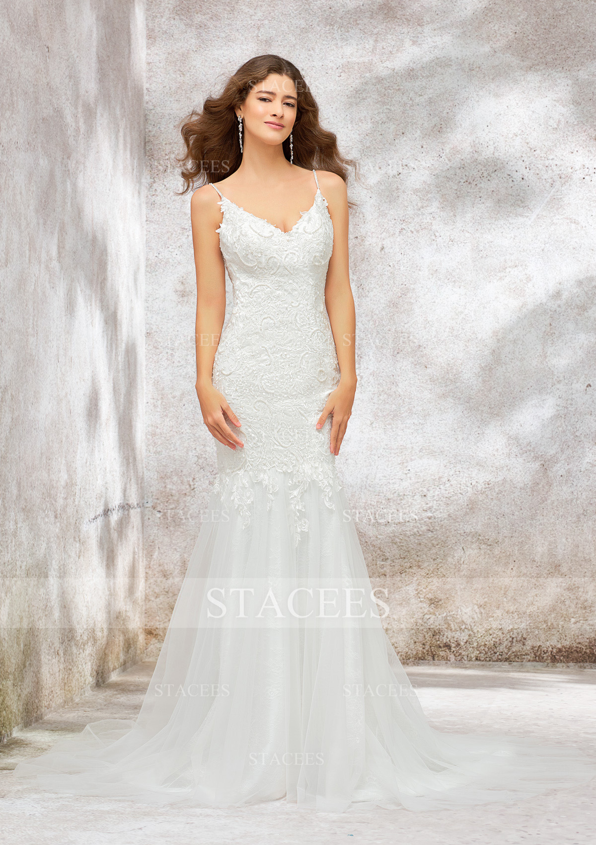 Ivoire Trumpette/Sirène traîne chapelle dentelle tulle robe de mariée avec appliques perle - STACEES