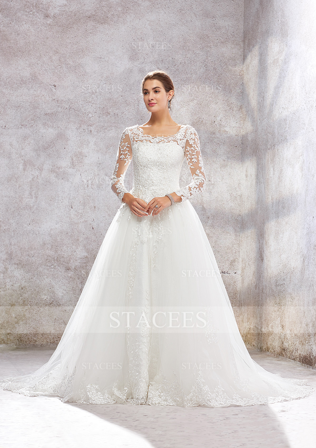 Ivory Ball Gown Princess A-line Scoop Neck Full/Long Sleeve Court Train Lace Tulle Wedding Dress With Beading Sequins - STACEES