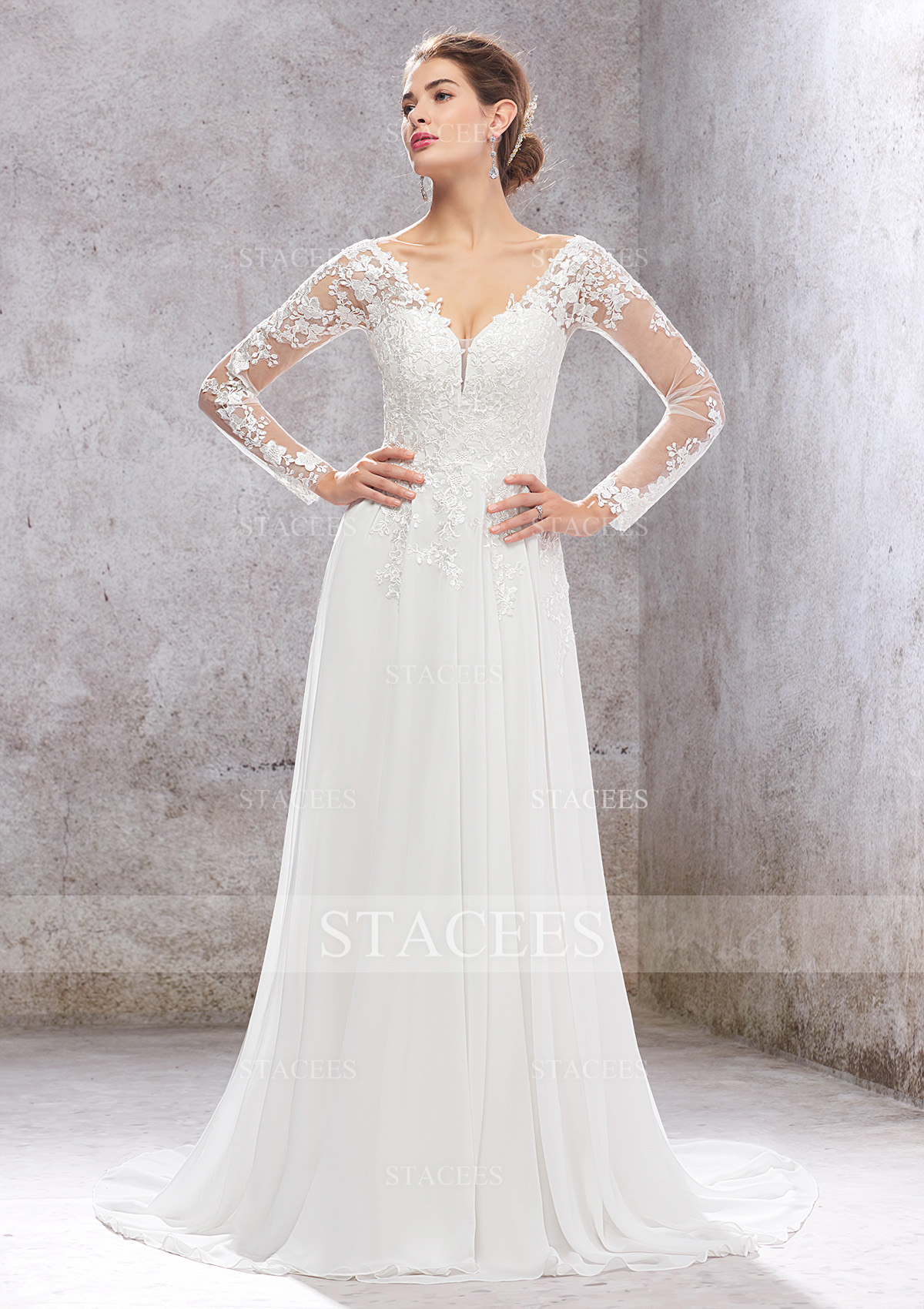 Vestido línea a escote en v gasa encaje tren de la corte vestido de novia