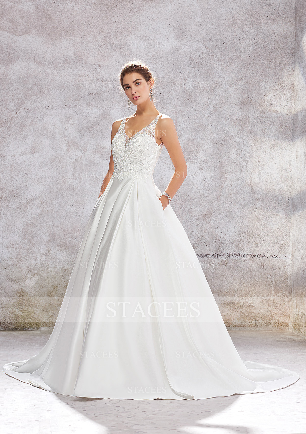 Ivory Ball Gown Princess V Neck Chapel Train Satin Wedding Dress With Lace Sequins Beading Appliques - STACEES