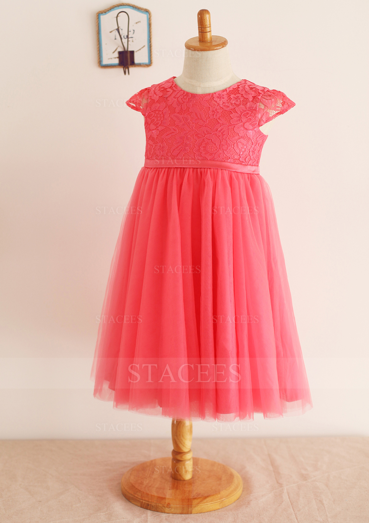 Pastèque Trapèze/princesse scoop dentelle tulle longueur mollet robe de fille de fleur - STACEES