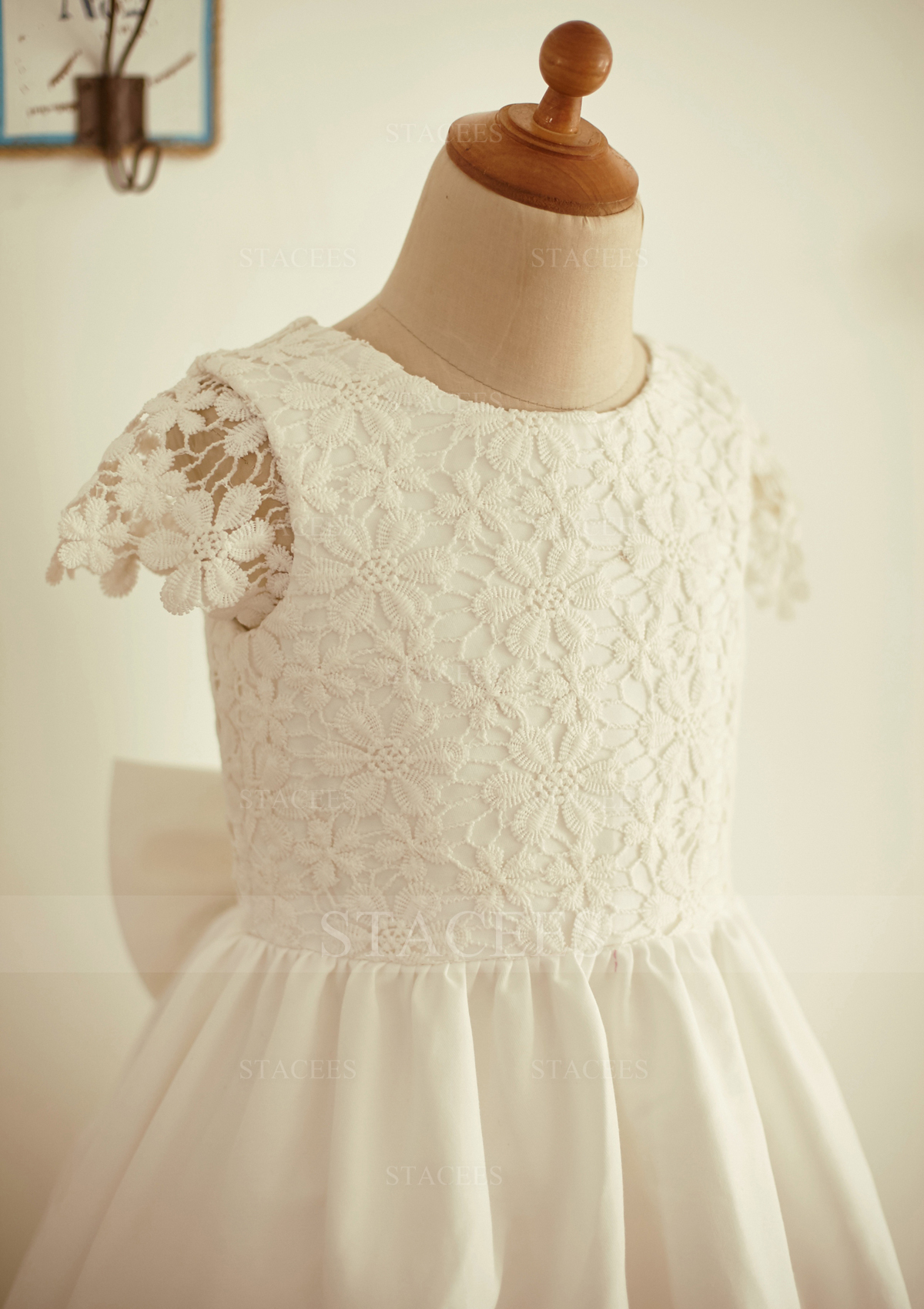 As Picture A-line/Princess Short Sleeve Scoop Neck Tea-Length Lace Cotton Flower Girl Dress With Bowknot - STACEES