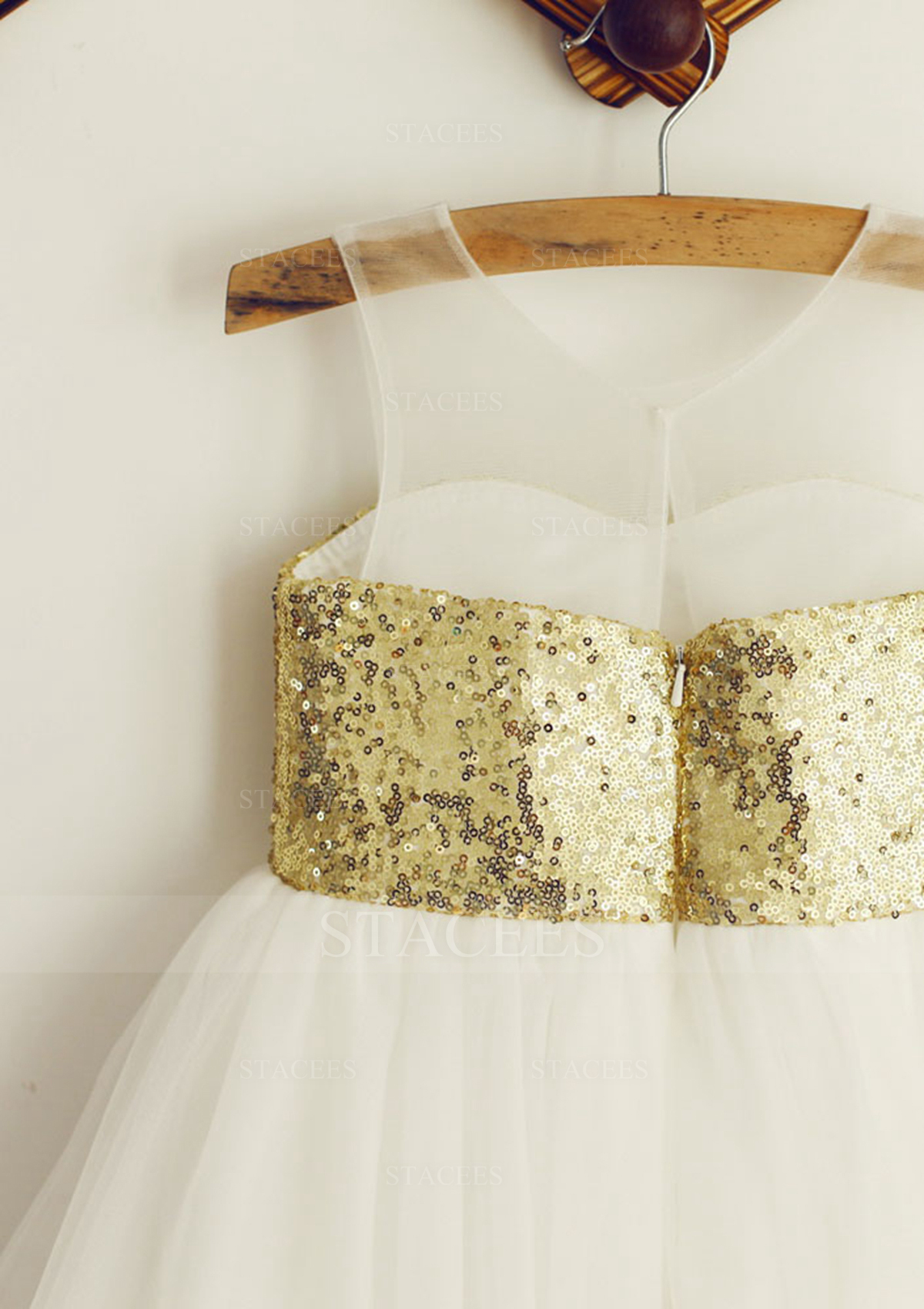 Ivory Beautiful Princess Illusion Neck Knee-Length Tulle Sequined Flower Girl Dress - STACEES