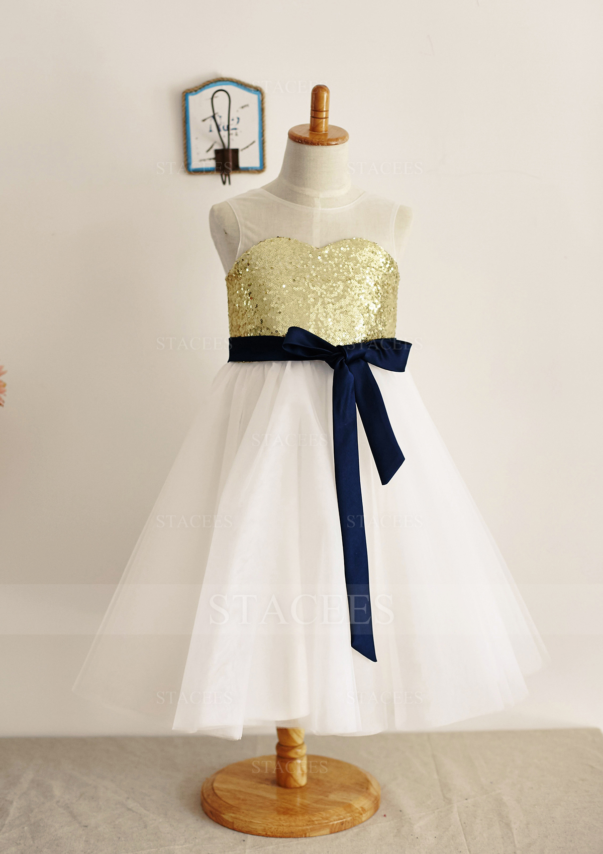 A-line/Princess Illusion Neck Tea-Length Tulle Sequined Flower Girl Dress With Sashes