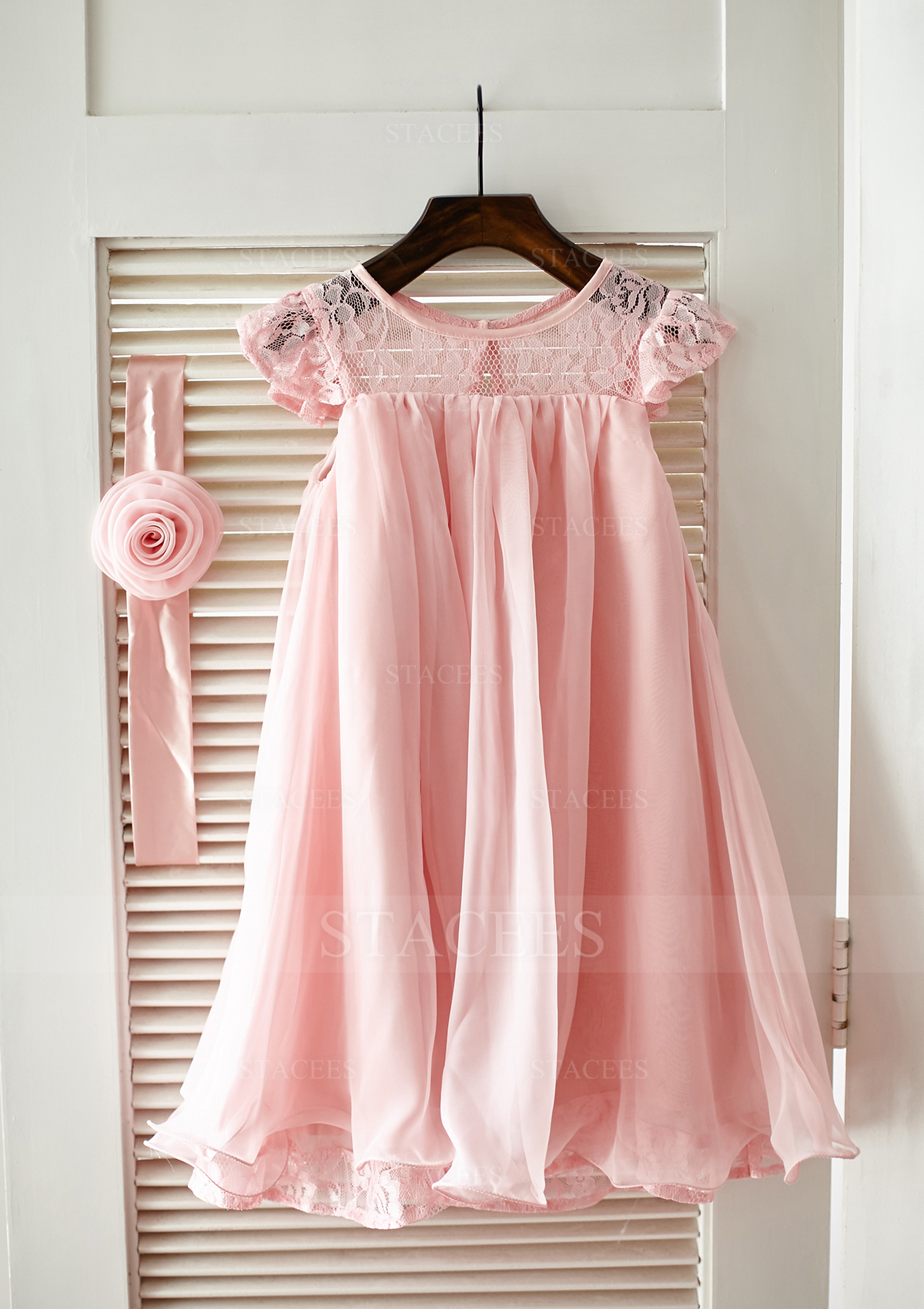 Rose Rougissant Trapèze/Princesse scoop mousseline dentelle longueur genou robe de fille de fleur  - STACEES