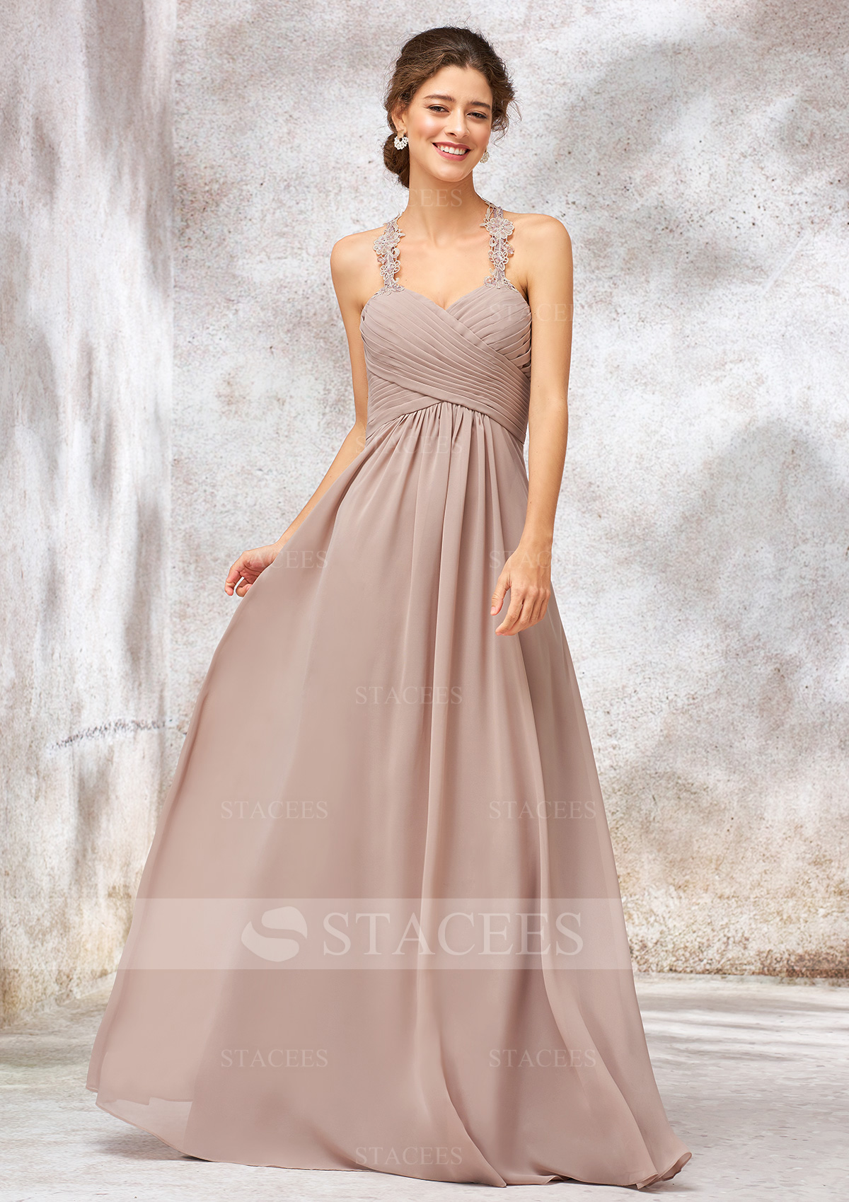 Taupe A-line Sweetheart Sleeveless Chiffon Long/Floor-Length Bridesmaid Dress With Lace Pleated - STACEES