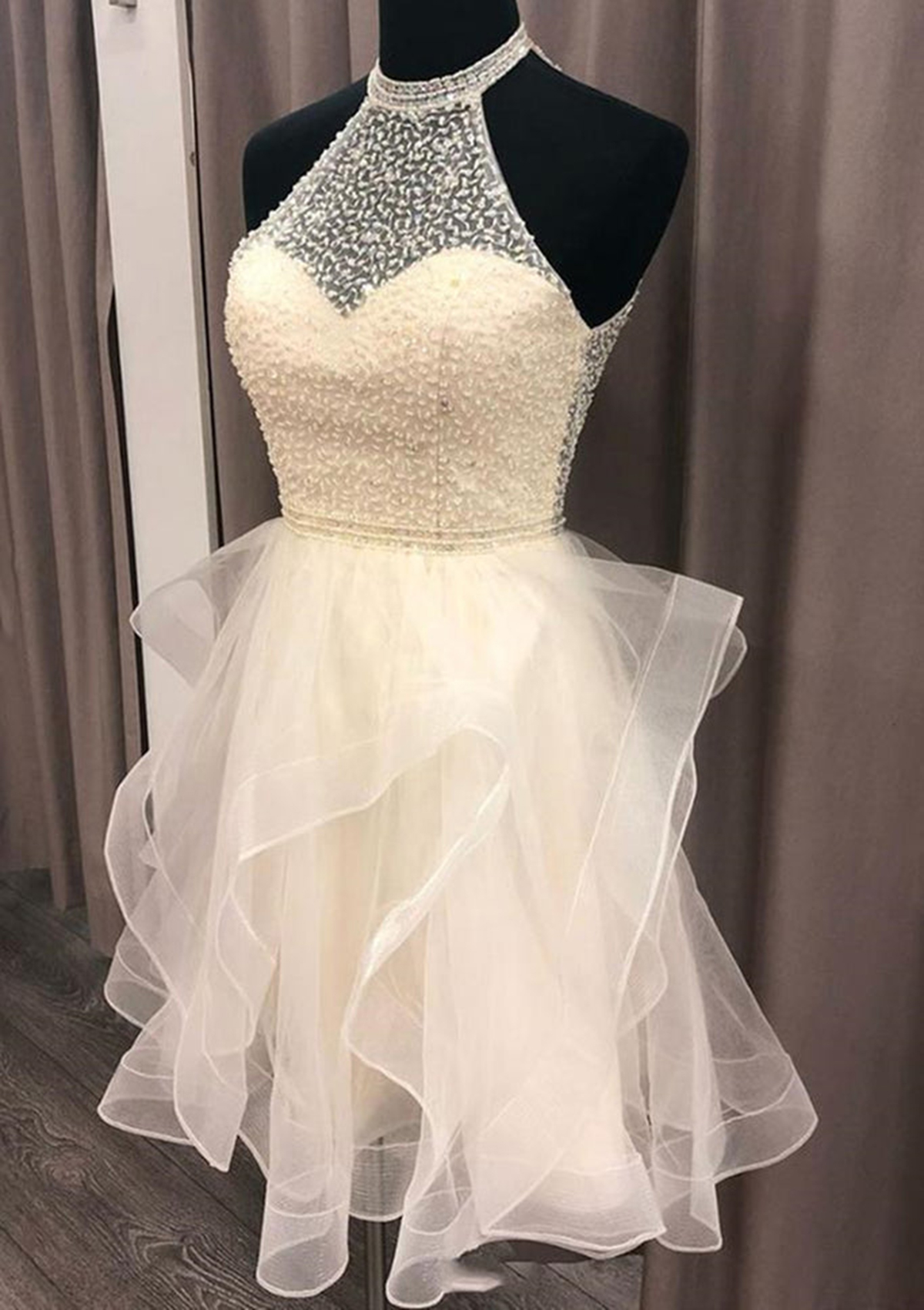 Ivory A-line High-Neck Sleeveless Organza Short/Mini Homecoming Dress With Beading - STACEES