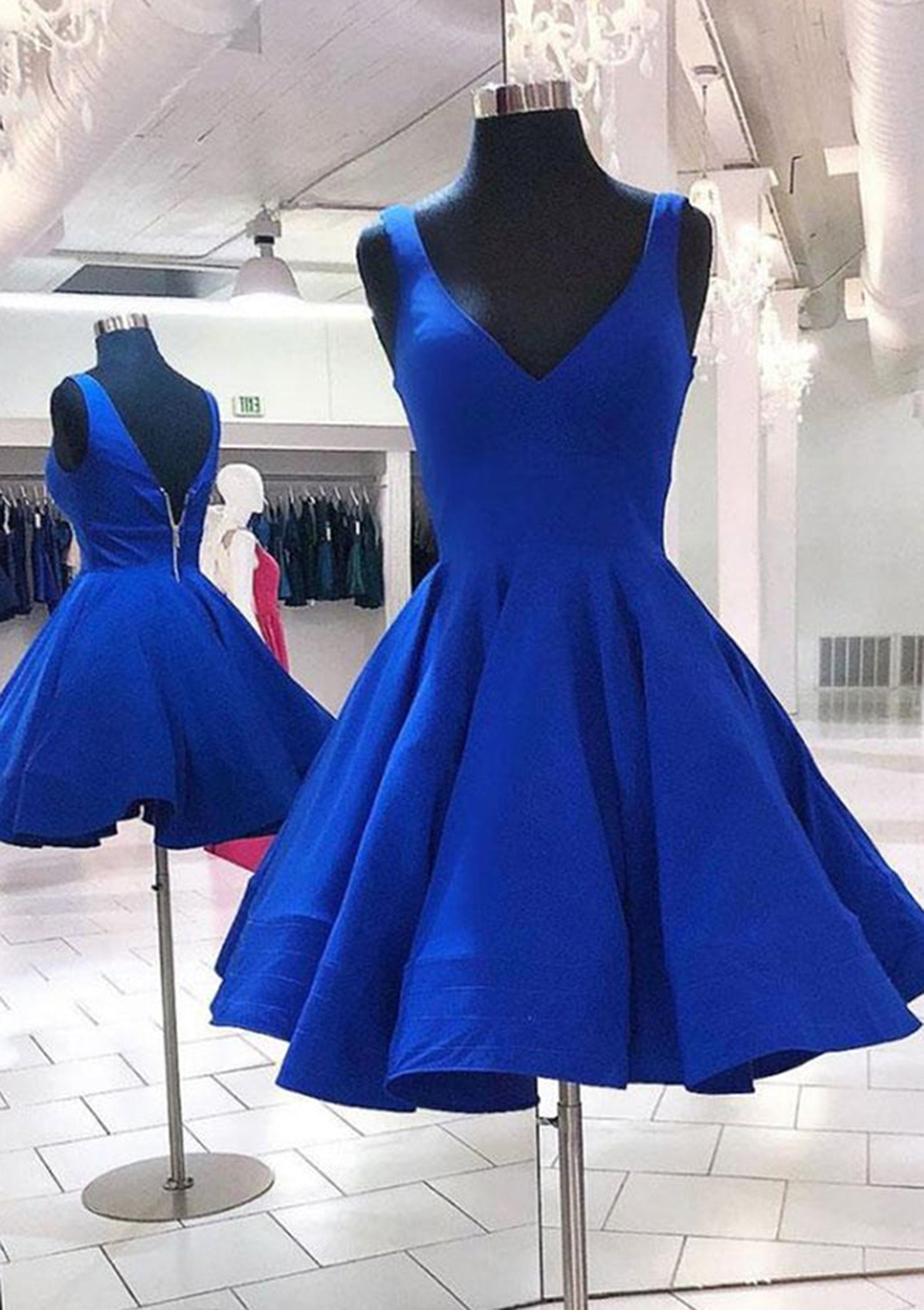 Royal Blue A-line V Neck Sleeveless Elastic Satin Short/Mini Homecoming Dress - STACEES