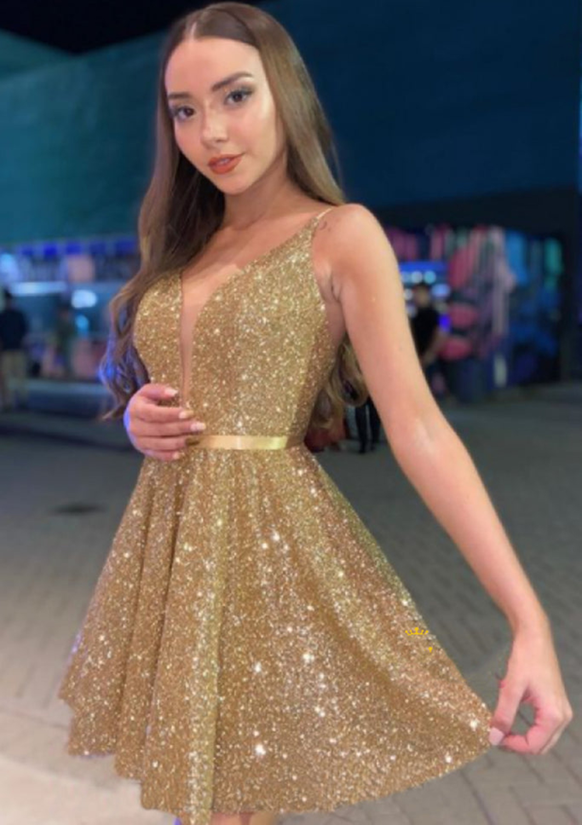 A-line V Neck Sleeveless Sequined Short/Mini Homecoming Dress With Sashes