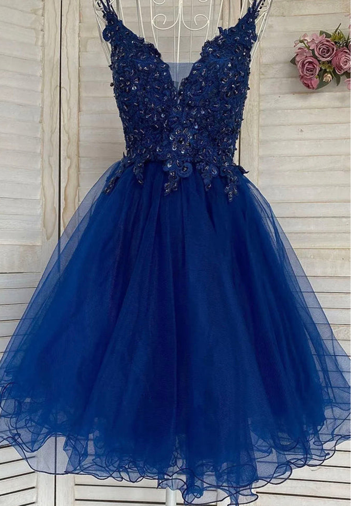 As Picture A-line V Neck Sleeveless Tulle Short/Mini Homecoming Dress With Appliqued Beading Sequins - STACEES