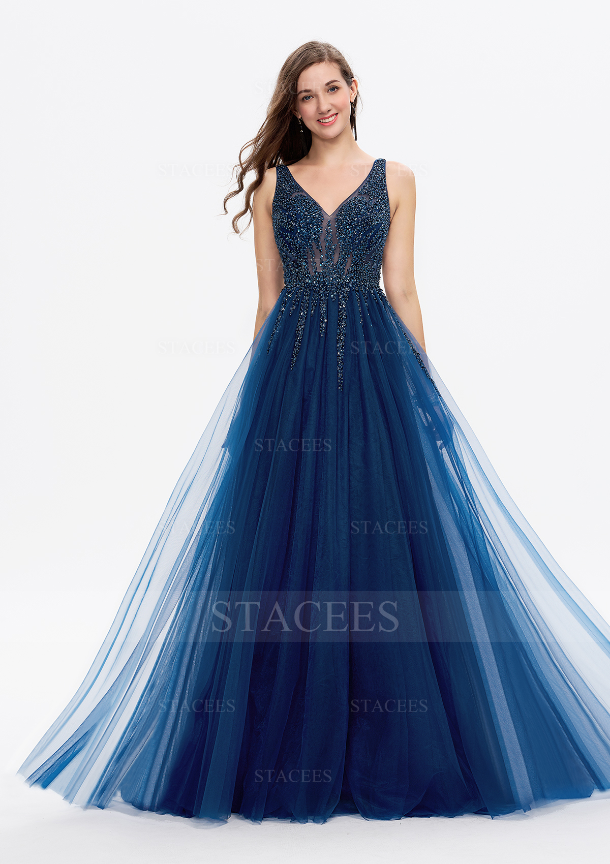 Robe trapèze robe princesse col en v dentelle tulle satin traîne balayage robe de bal avec paillettes
