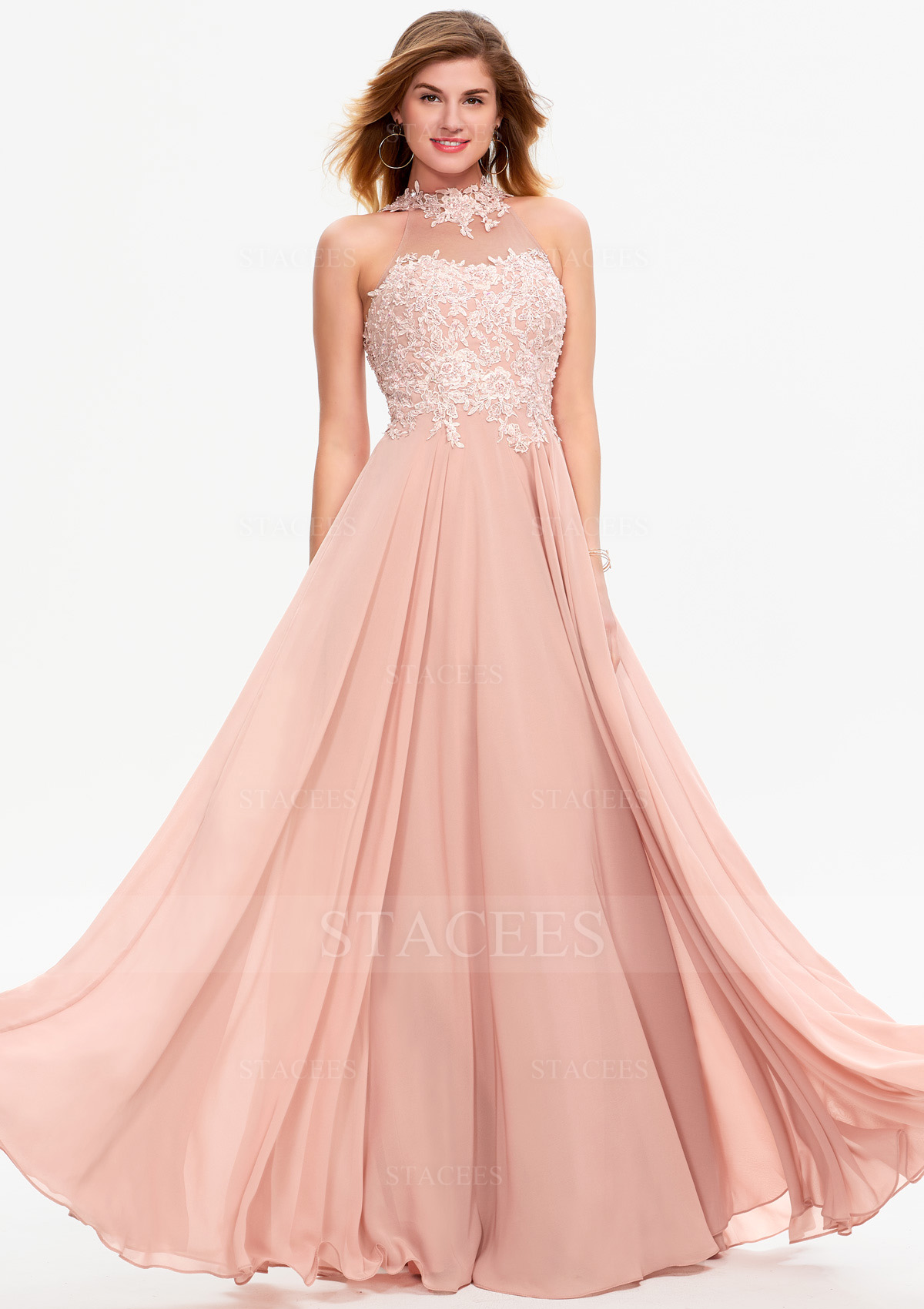 Vestido línea a cuello halter gasa encaje hasta el suelo vestido de graduación