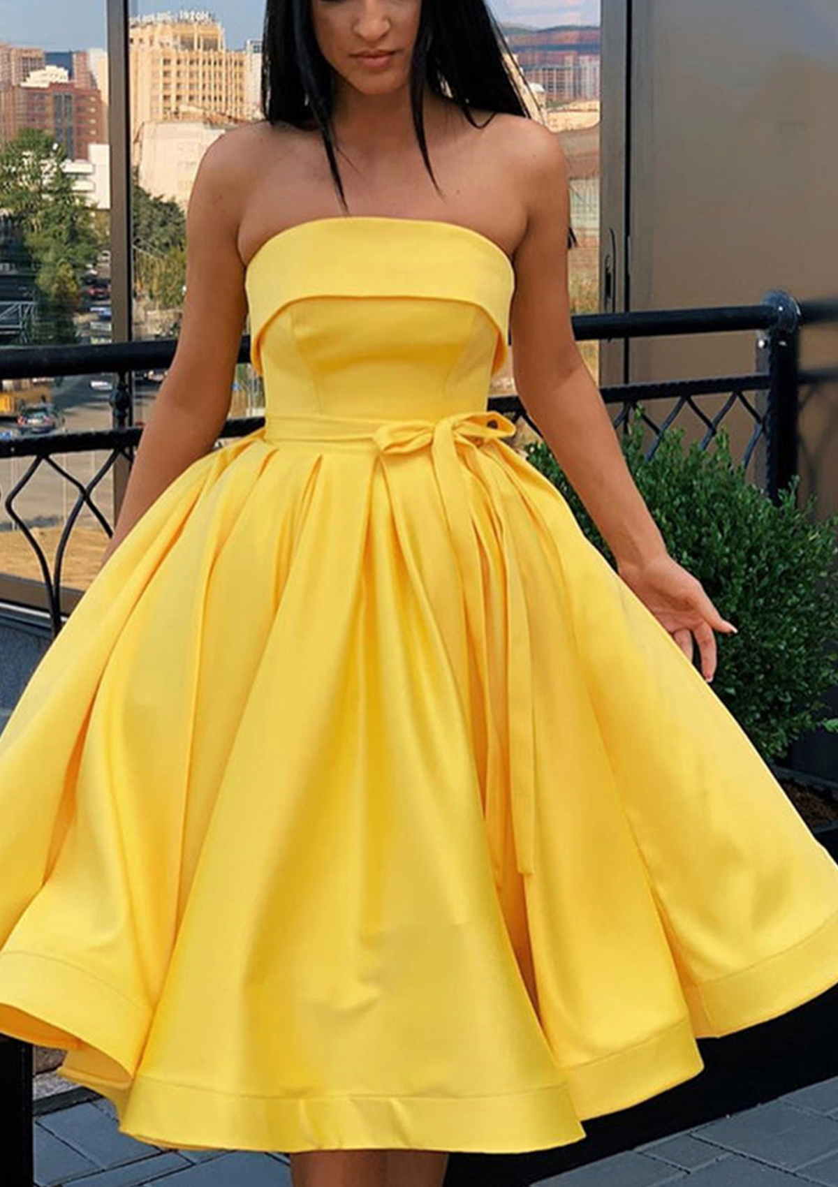 As Picture A-line Square Neckline Sleeveless Satin Tea-Length Homecoming Dress - STACEES