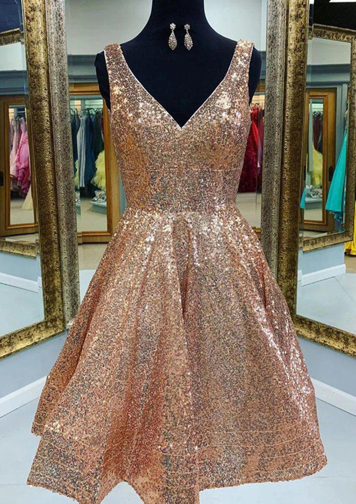 As Picture A-line V Neck Sleeveless Sequined Knee-Length Homecoming Dress - STACEES