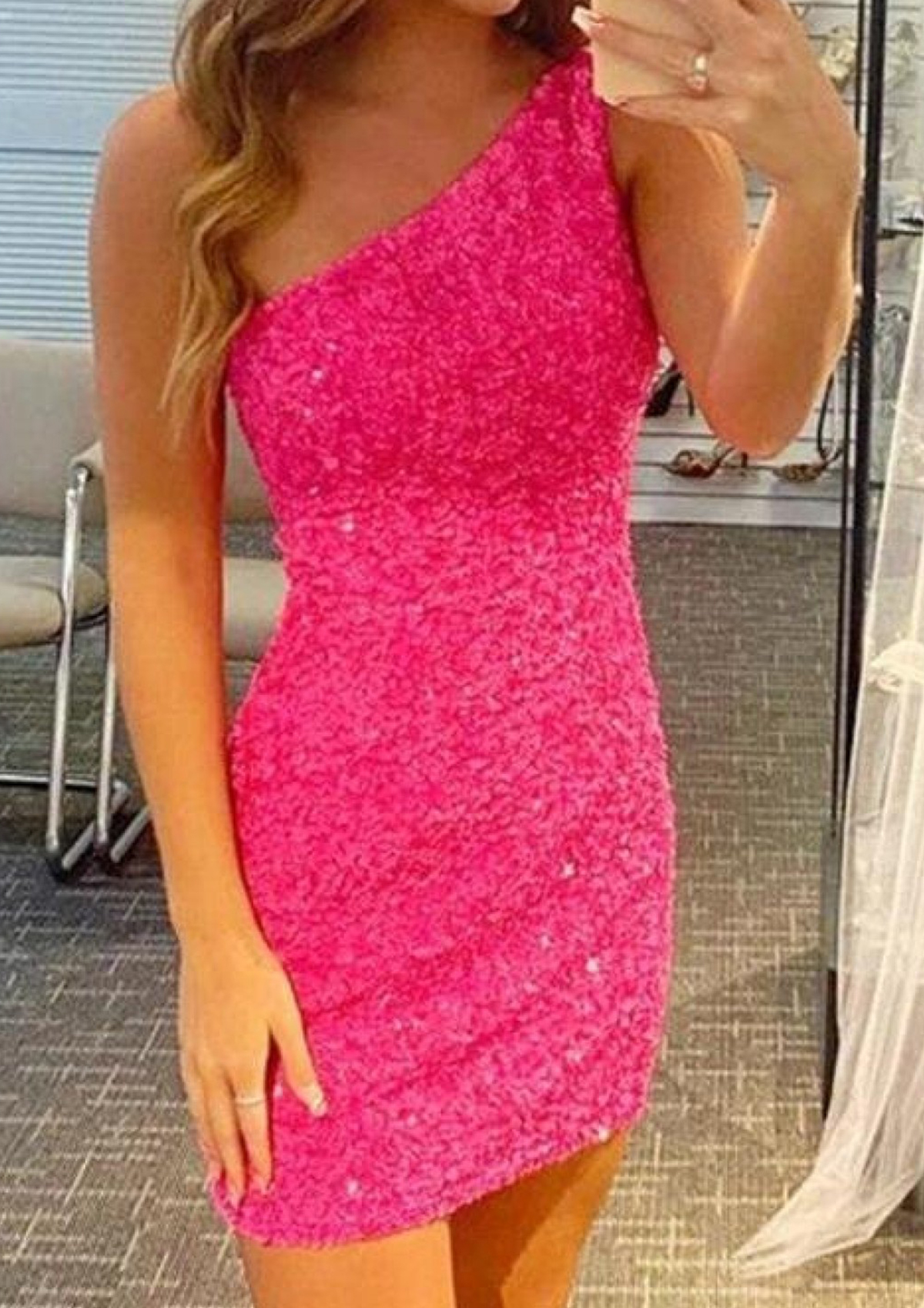 Fuchsia Sheath/Column One-Shoulder Sleeveless Sequined Short/Mini Homecoming Dress