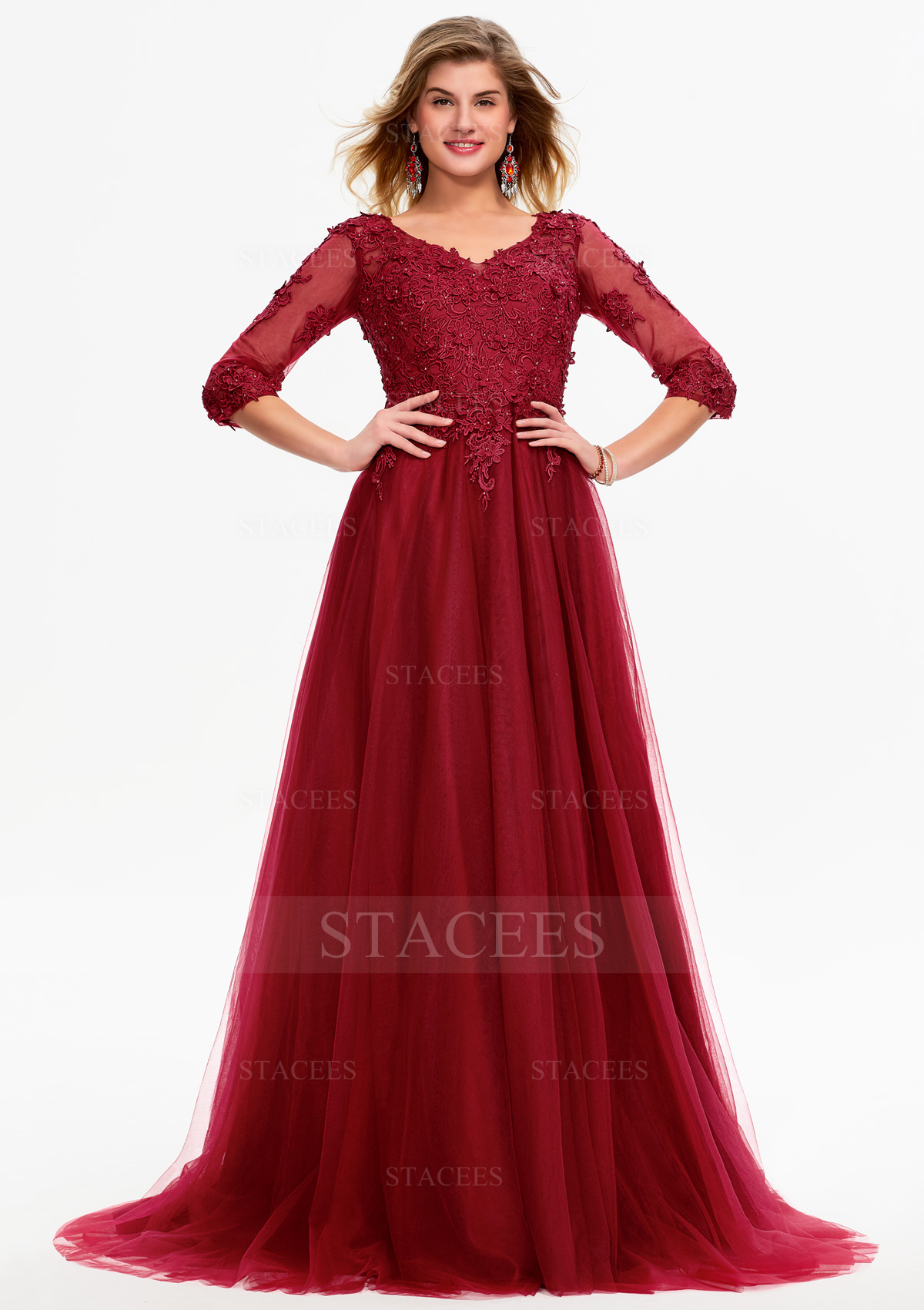 Bordeaux Robe trapèze robe marquise robe princesse col en v tulle traîne balayage robe de bal avec appliqué - STACEES