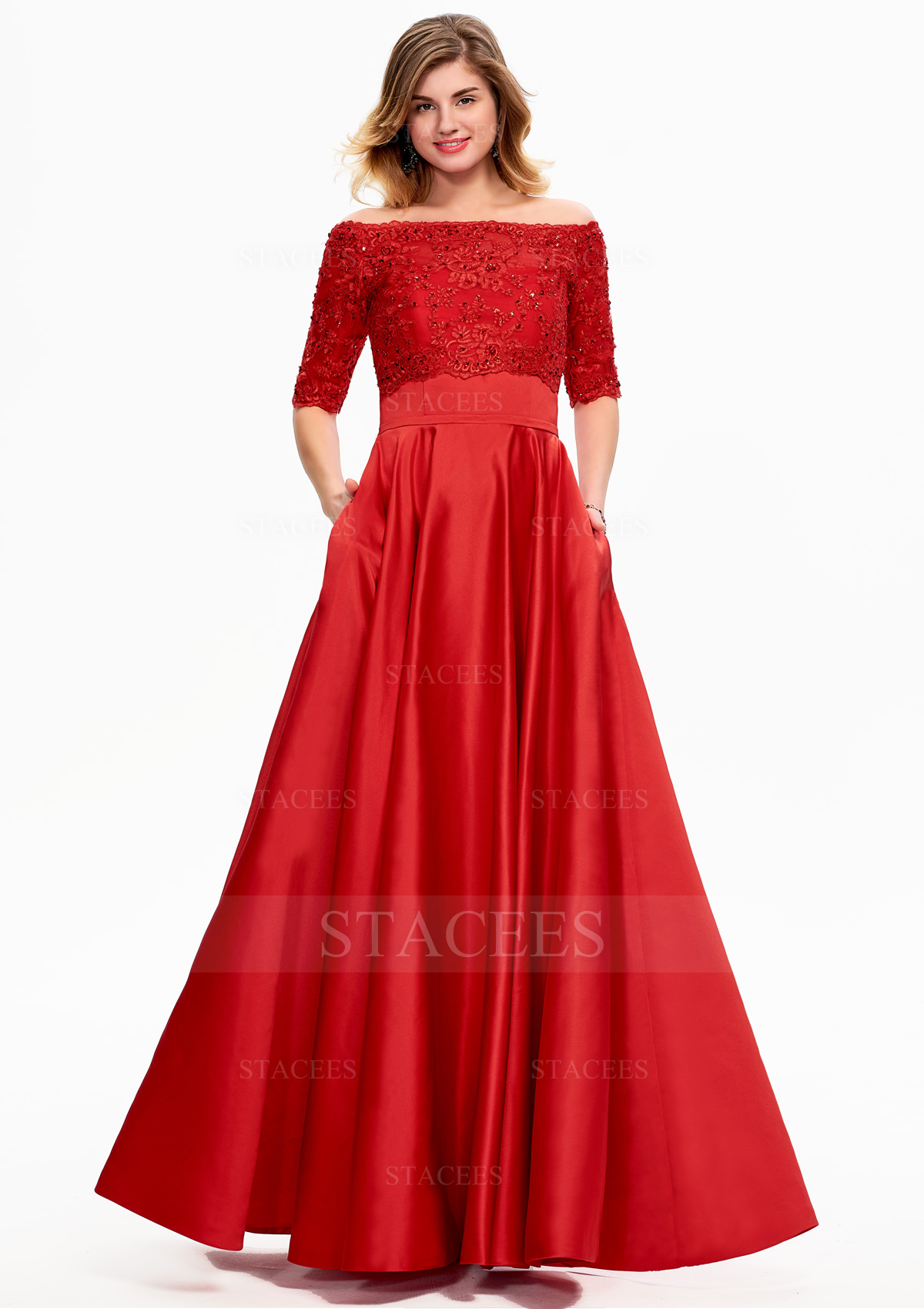 Élégant trapèze coeur satin lace long/ras du sol robe de bal avec paillettes