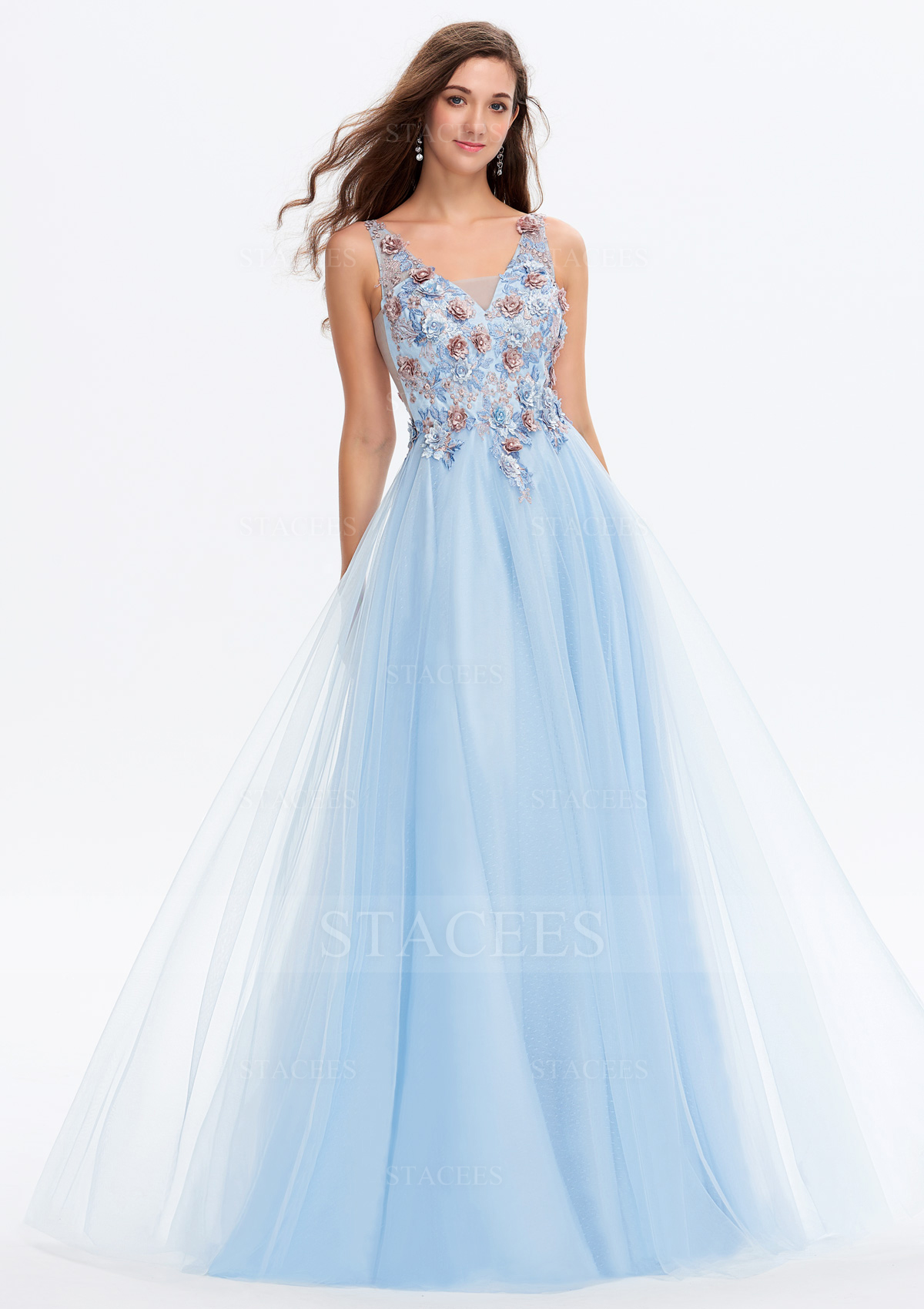 Trapèze col en v satin tulle long/ras du sol robe de bal avec appliqued flowers