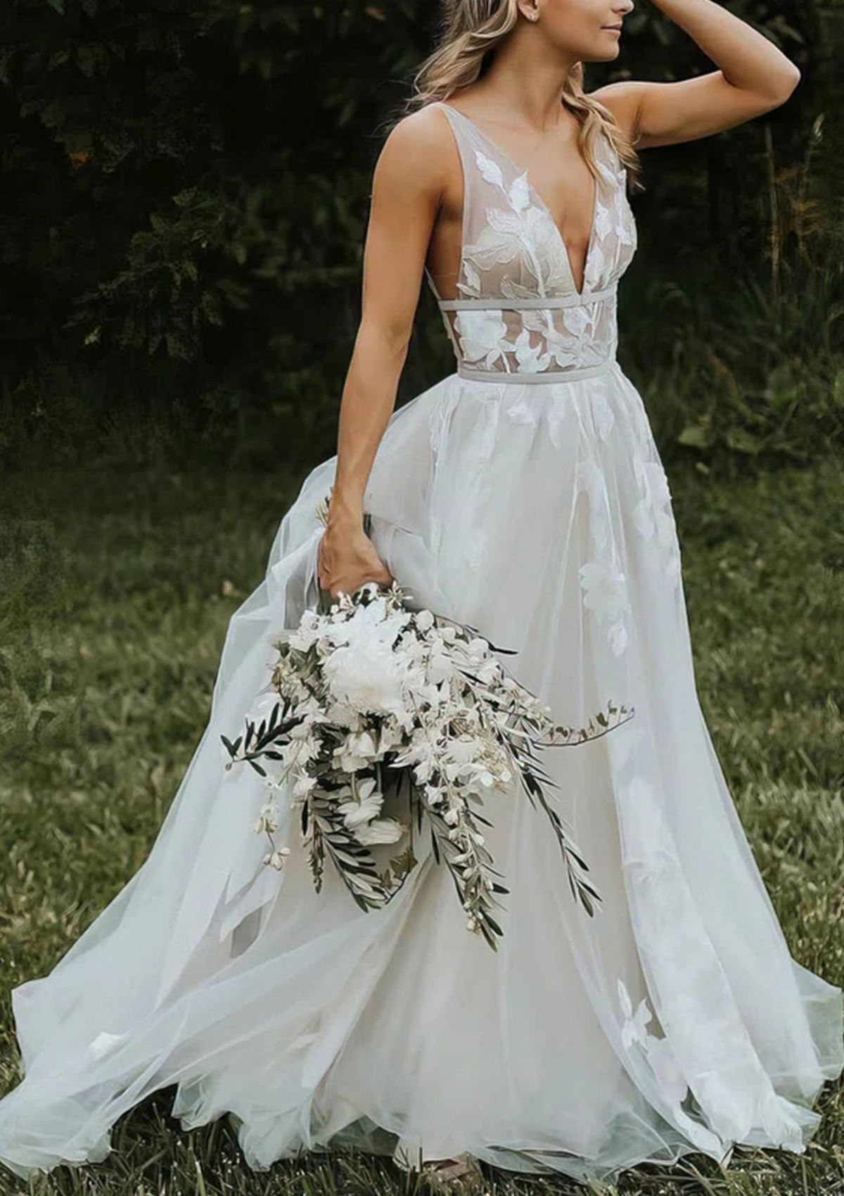 sleeveless v neck a line dress Princess A-line V Neck Sleeveless Tulle Sweep Train Wedding Dress With Lace  Appliqued - Wedding Dresses