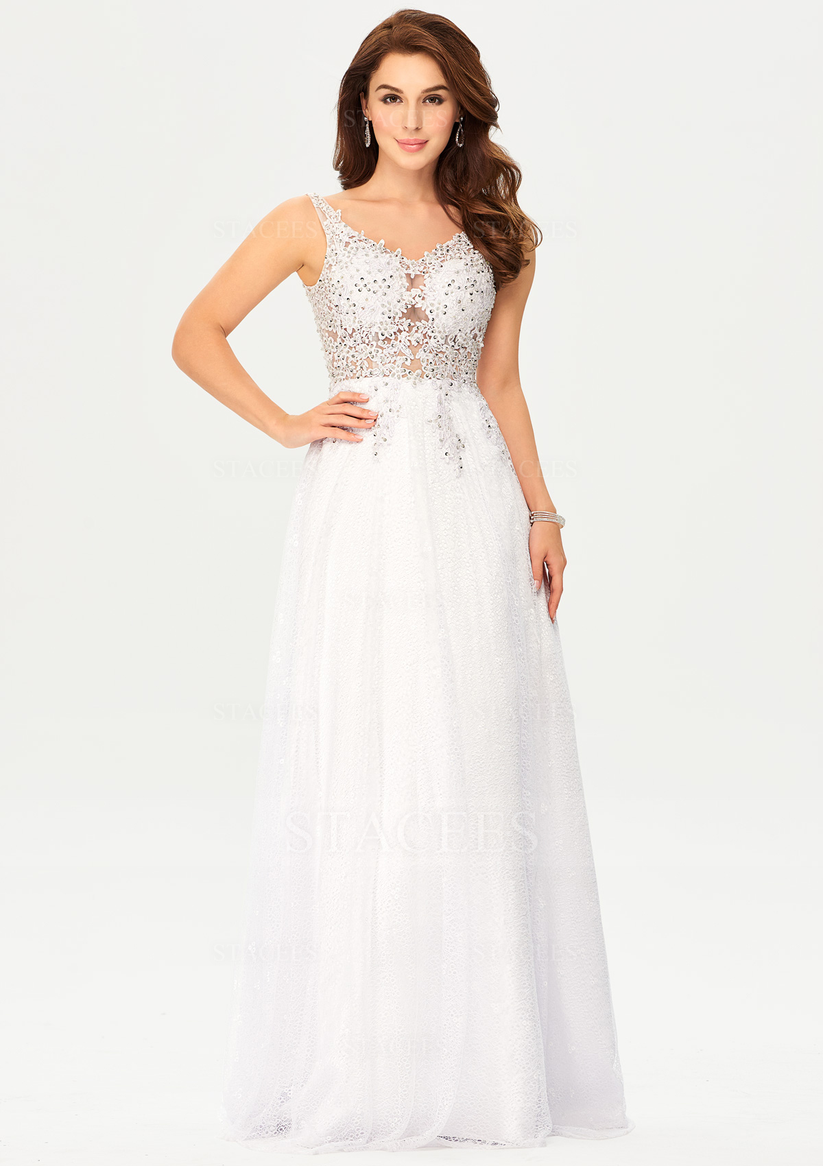 Blanc Trapèze col en v lace tulle satin long/ras du sol robe de bal avec perle - STACEES