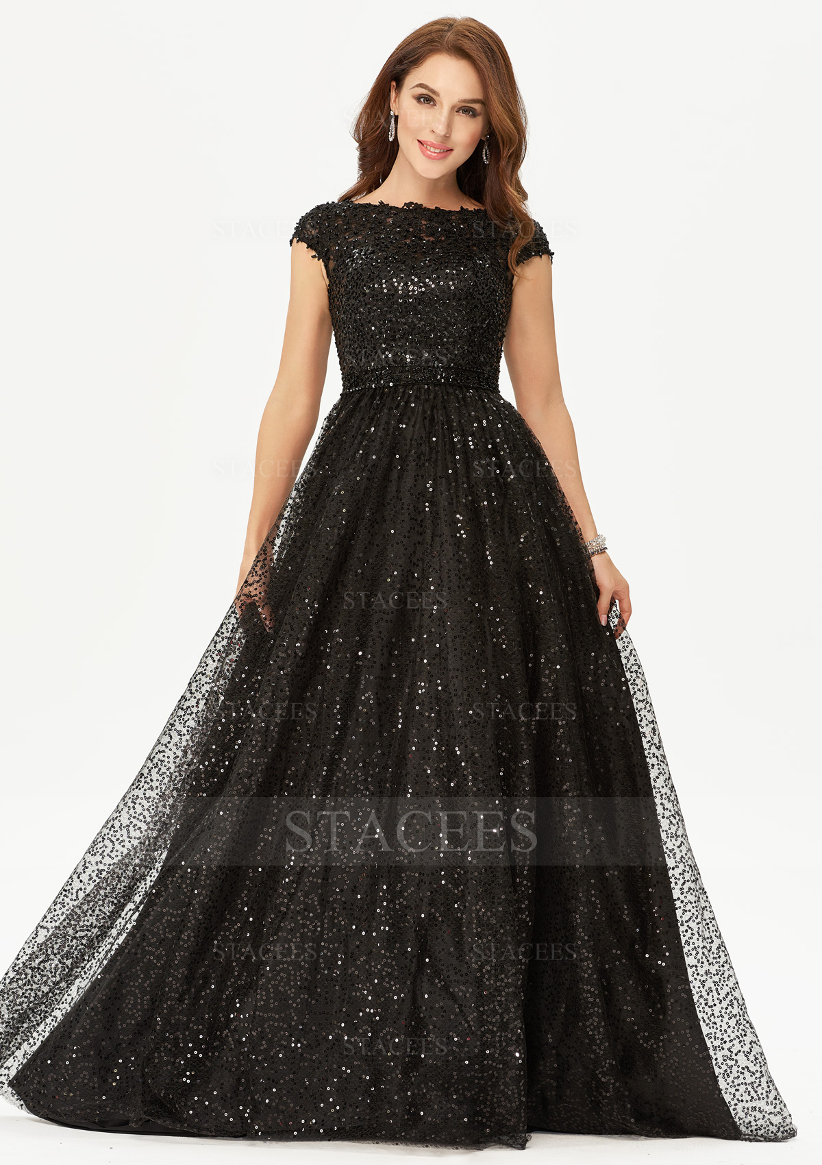 Noir Robe trapèze robe princesse col festonné dentelle satin longueur ras du sol robe de bal - STACEES