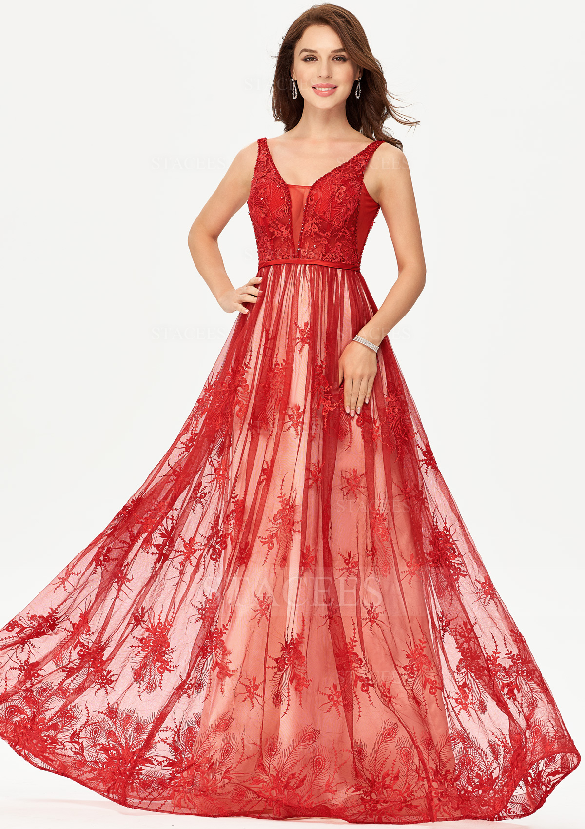 Rouge Rouge robe trapèze col en v dentelle satin longueur ras du sol robe de bal - STACEES