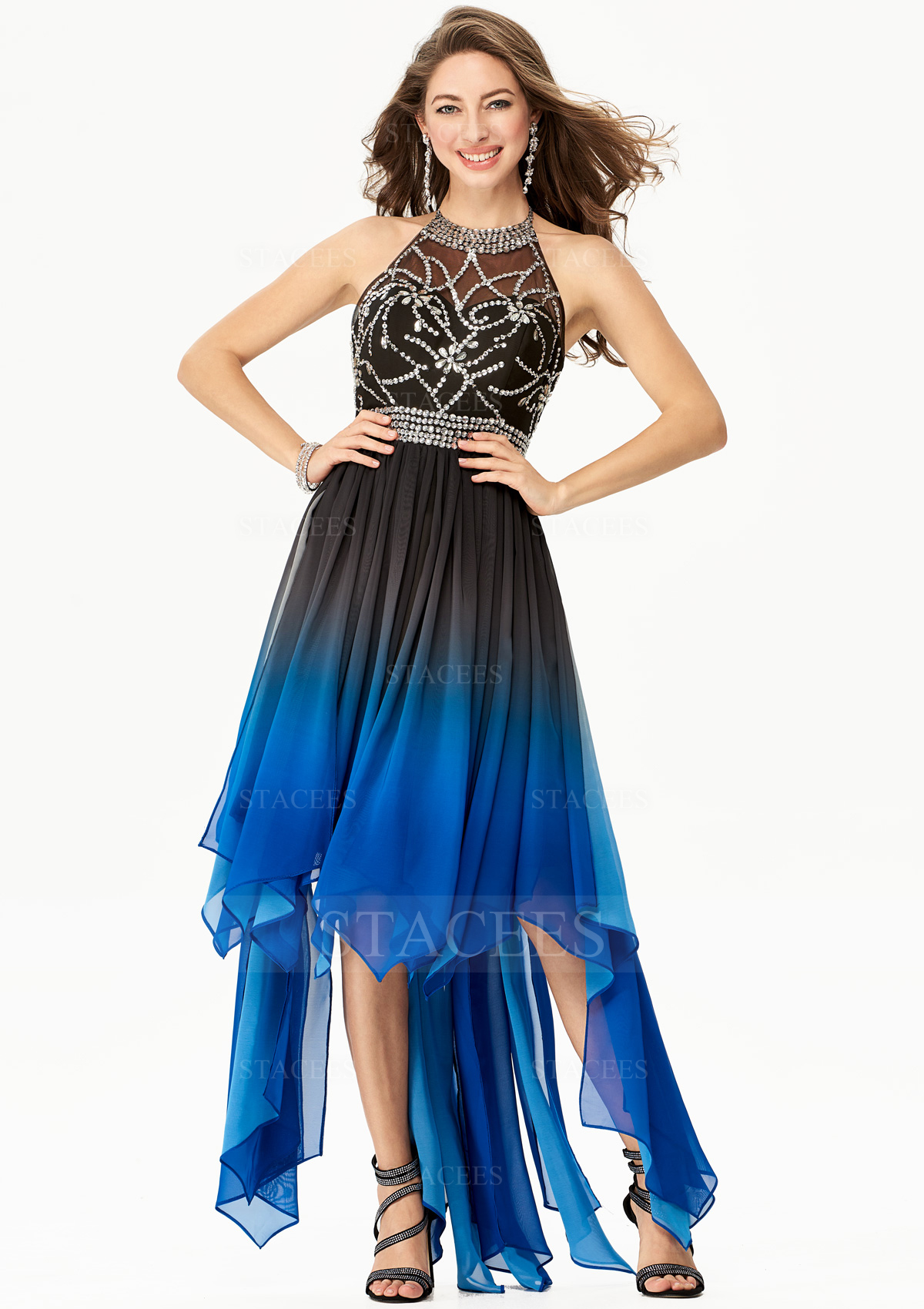Vestido línea a cuello halter gasa asimétrico vestido de graduación