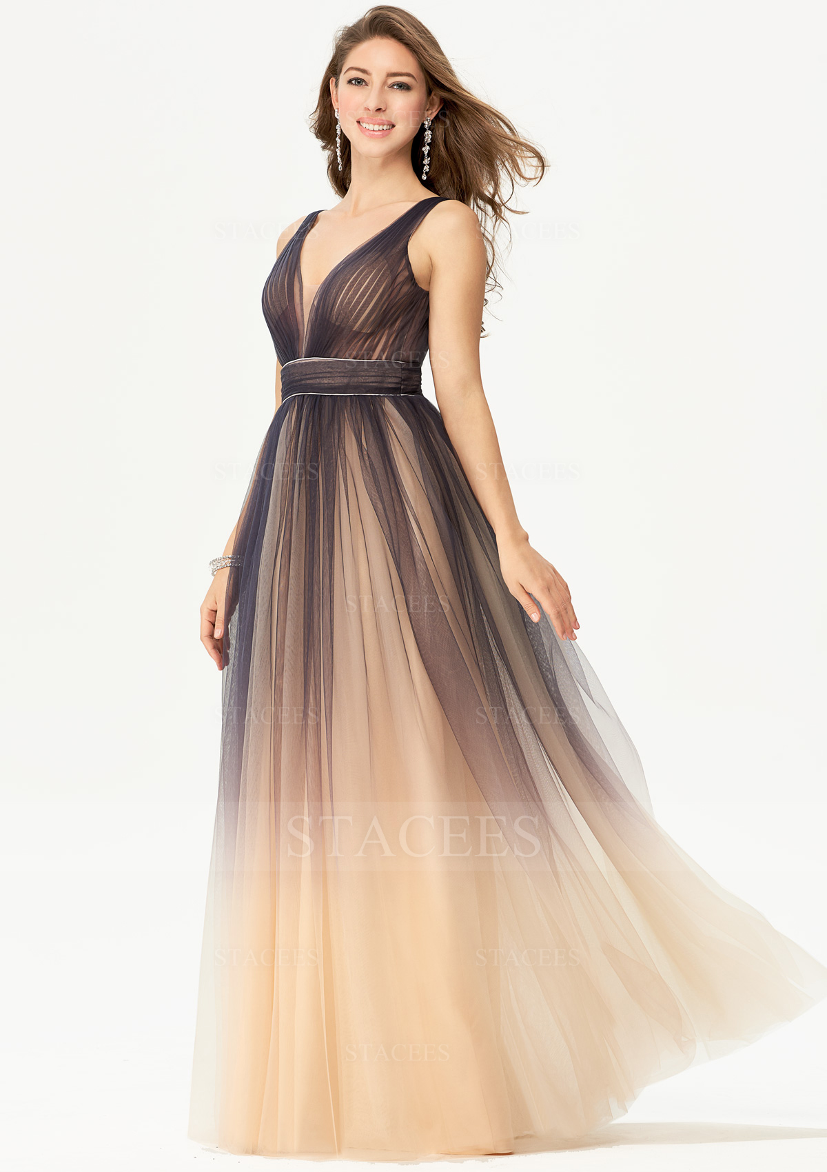 As Picture Ball Gown Princess V Neck Sleeveless Tulle Long/Floor-Length Prom Dresses With Pleated - STACEES