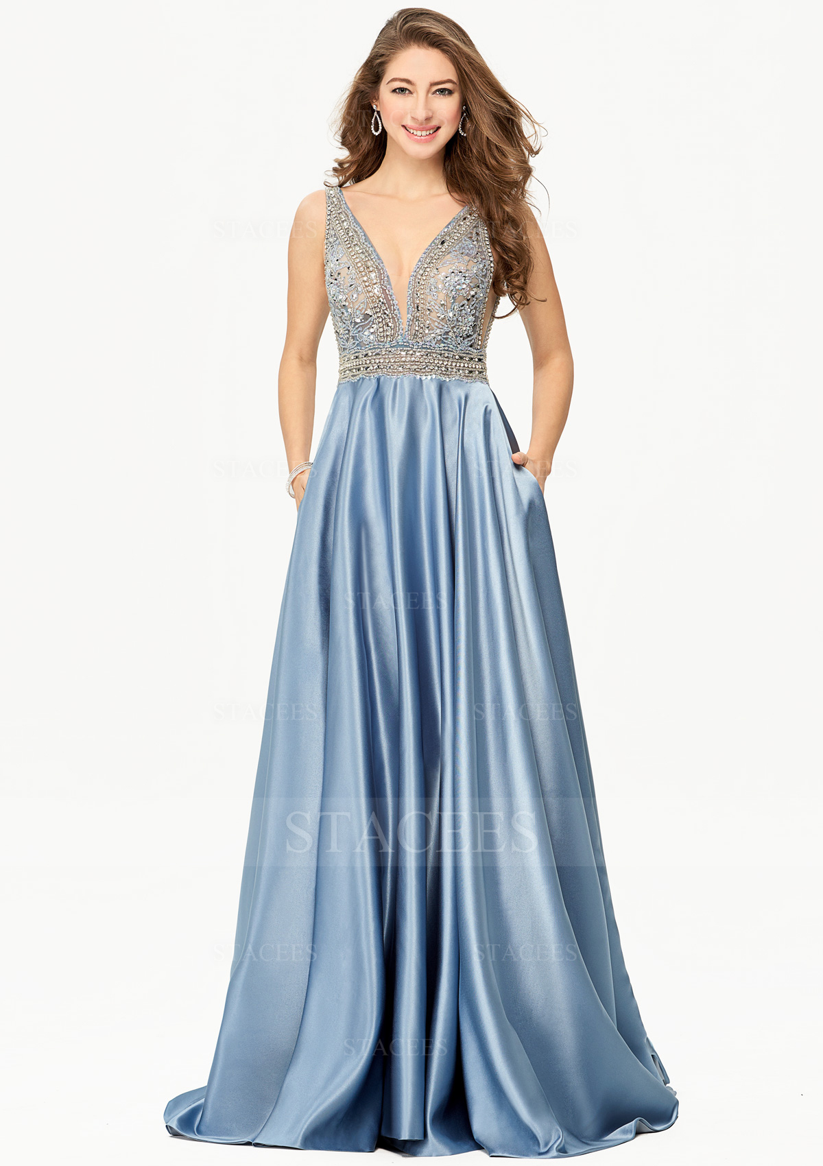 A-line V Neck Sleeveless Satin Long/Floor-Length Prom Dress With Rhinestone Sequins Beading Pockets