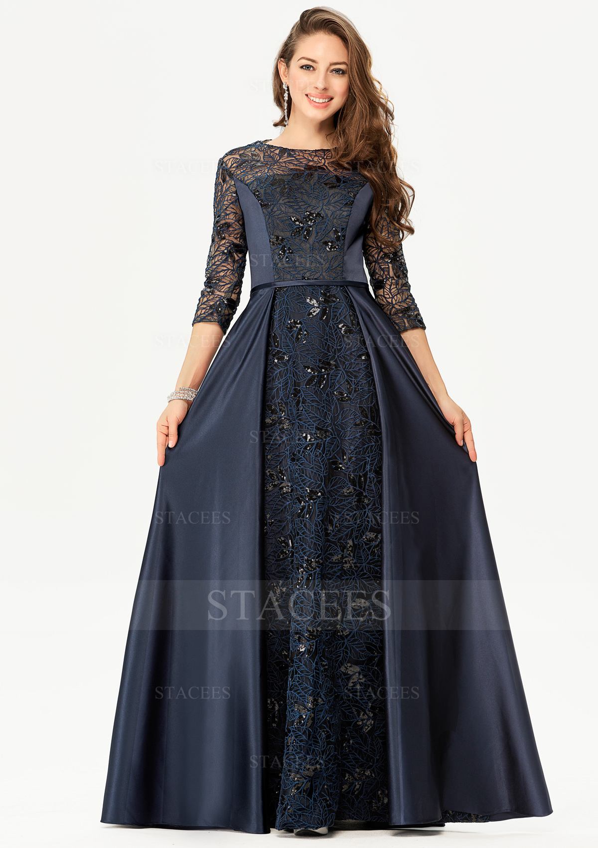 A-line Scoop Neck 3/4 Sleeve Lace Satin Long/Floor-Length Prom Dress With Sequins