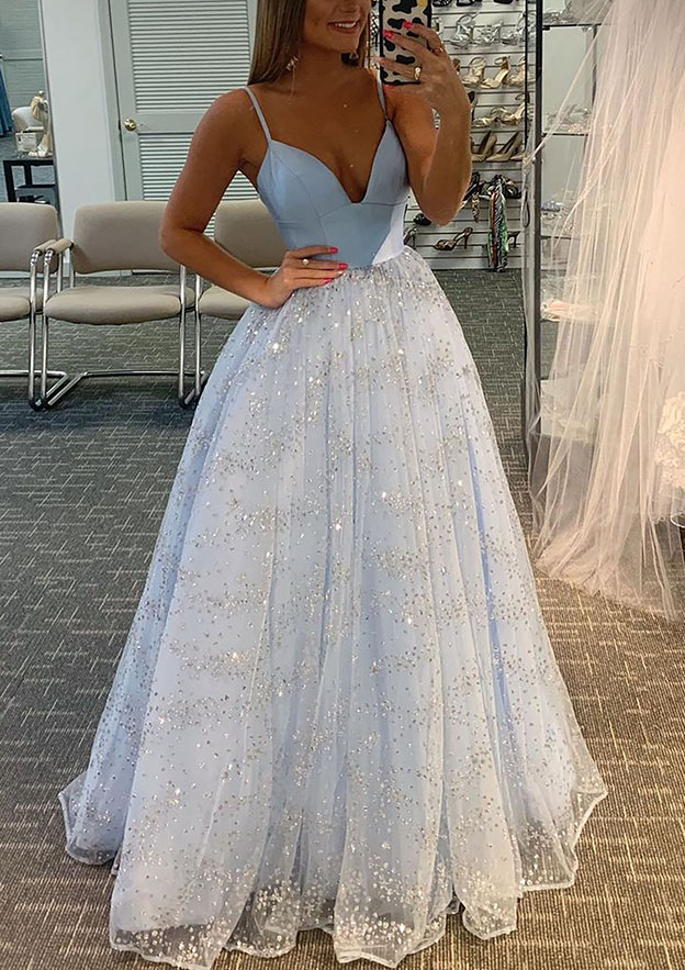 A-line Princess Sweetheart Sleeveless Tulle Satin Sweep Train Prom Dress With Glitter