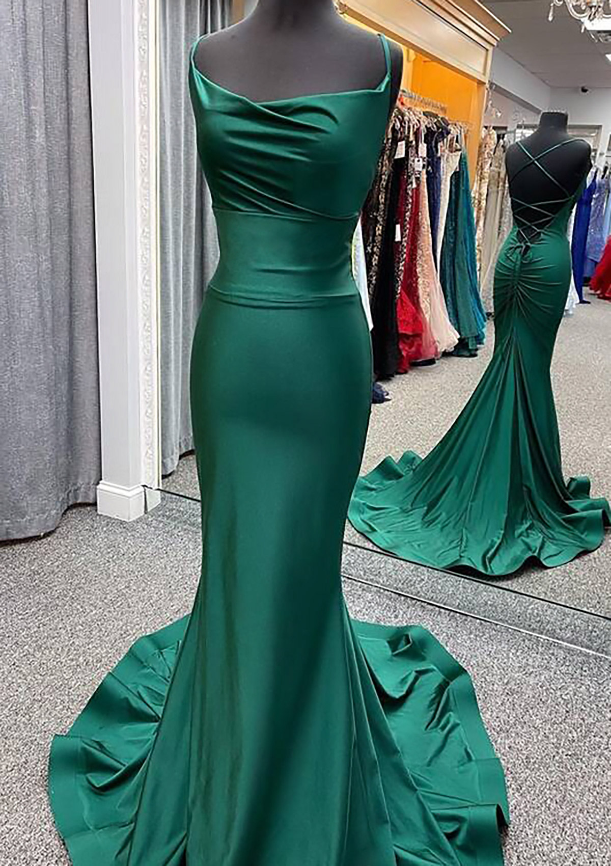 Dark Green Trumpet/Mermaid Cowl Neck Spaghetti Straps Sweep Train Jersey Prom Dress With Pleated - STACEES