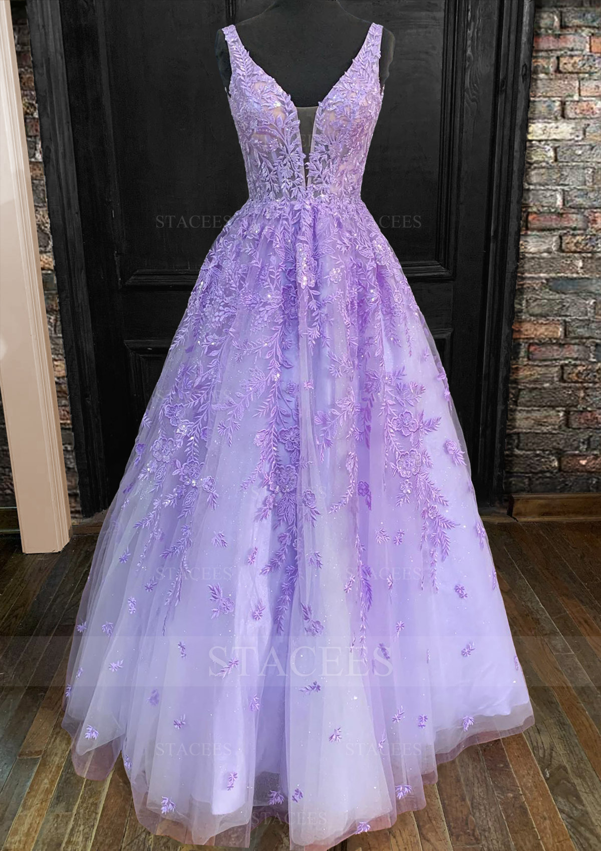 Lilas Trapèze col en v dentelle long/ras du sol robe de bal - STACEES