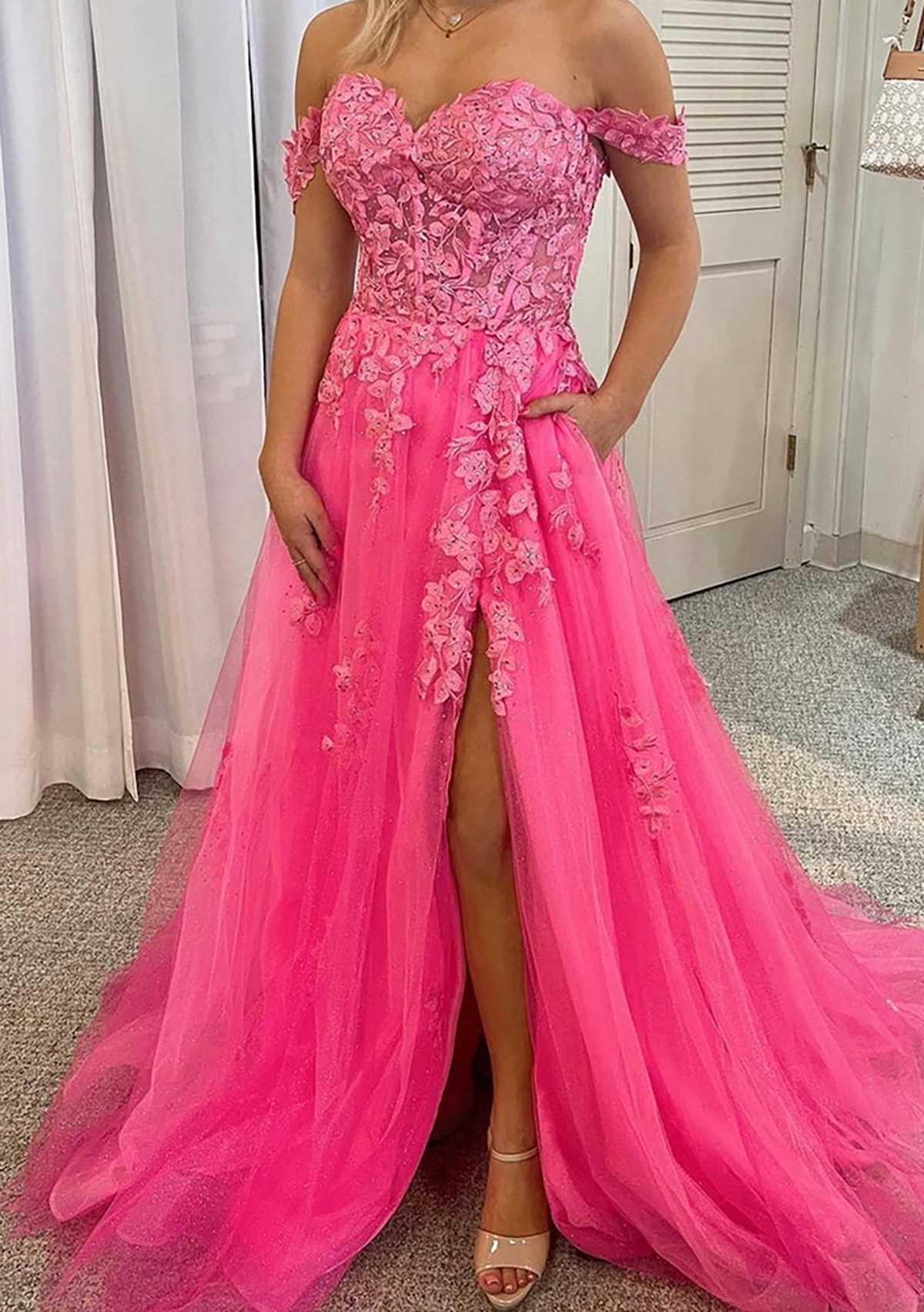 Fuchsia A-line Off-the-Shoulder Sleeveless Court Train Lace Tulle Prom Dress With Beading Pockets Split - STACEES
