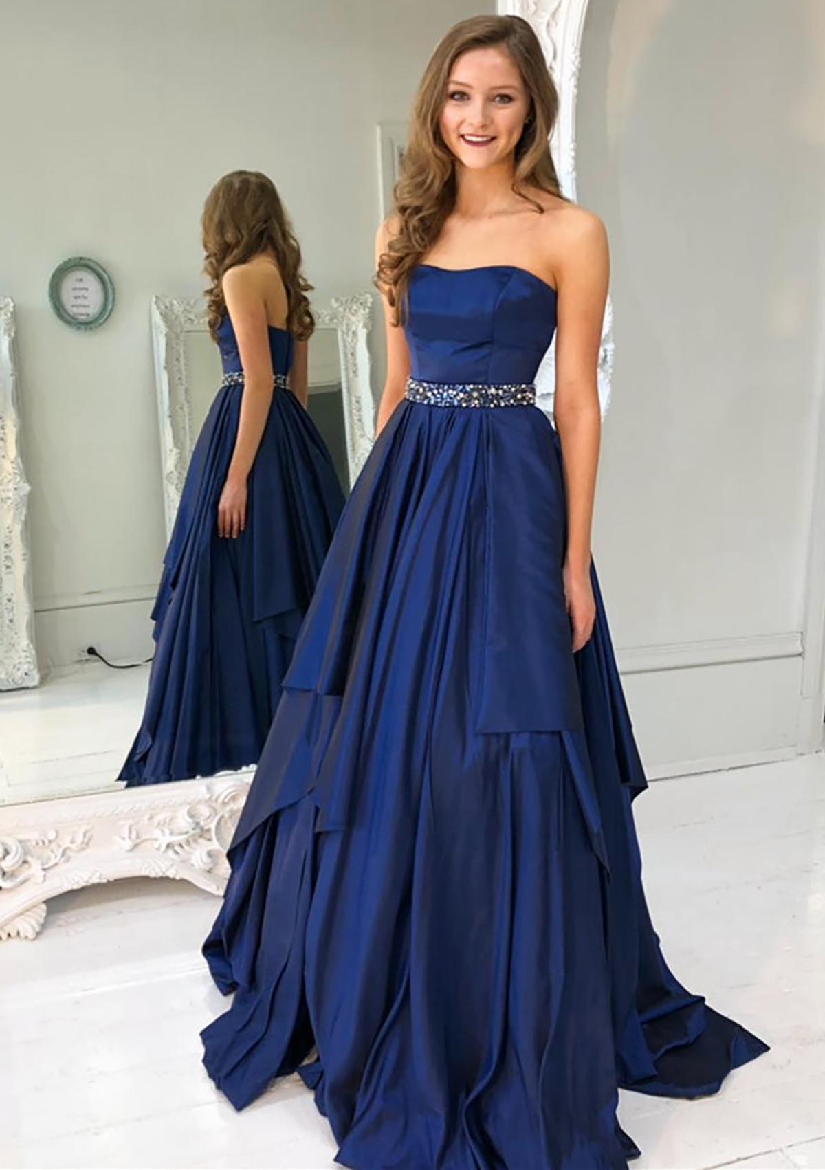 A-line Strapless Sweep Train Charmeuse Prom Dress With Beading