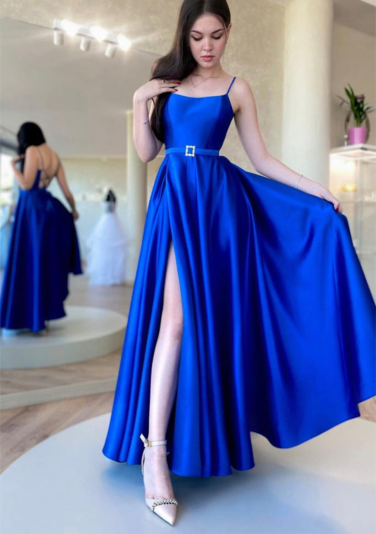 Royal Blue A-line Square Neckline Spaghetti Straps Ankle-Length Satin Prom Dress With Waistband - STACEES