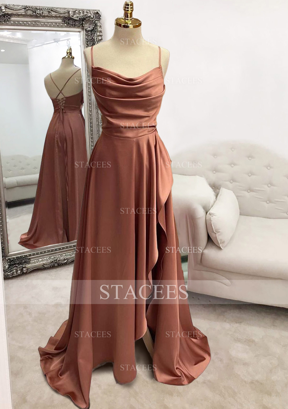 As Picture A-line Bateau Spaghetti Straps Long/Floor-Length Satin Prom Dress With Pleated Split - STACEES