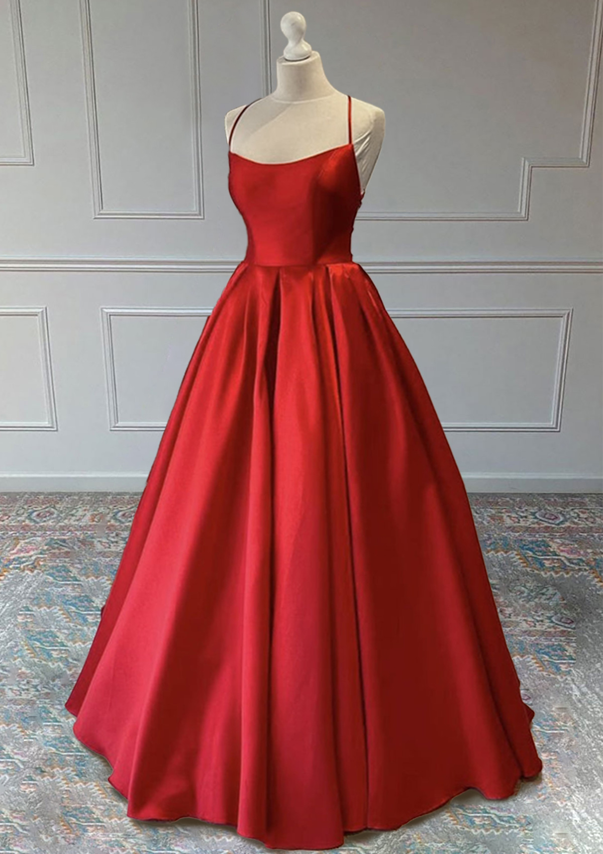 Red A-line Sleeveless Square Neckline Long/Floor-Length Satin Prom Dress