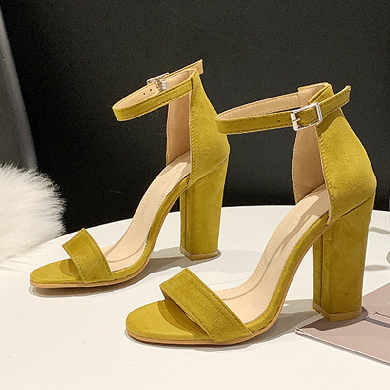 Yellow Suede Peep Toe Chunky Heel Party & Evening Shoes With Buckle Ankle Strap - STACEES
