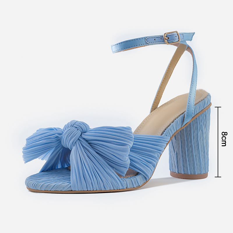 Bleu Clair Femmes satin talons peep toe sandales talon bottier simple outdoor chaussure avec sangle de cheville noeud papillon boucle - STACEES