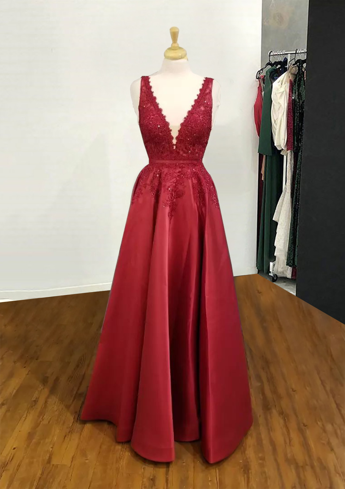 Burgundy A-line V Neck Regular Straps Long/Floor-Length Satin Prom Dress With Appliqued Beading - STACEES