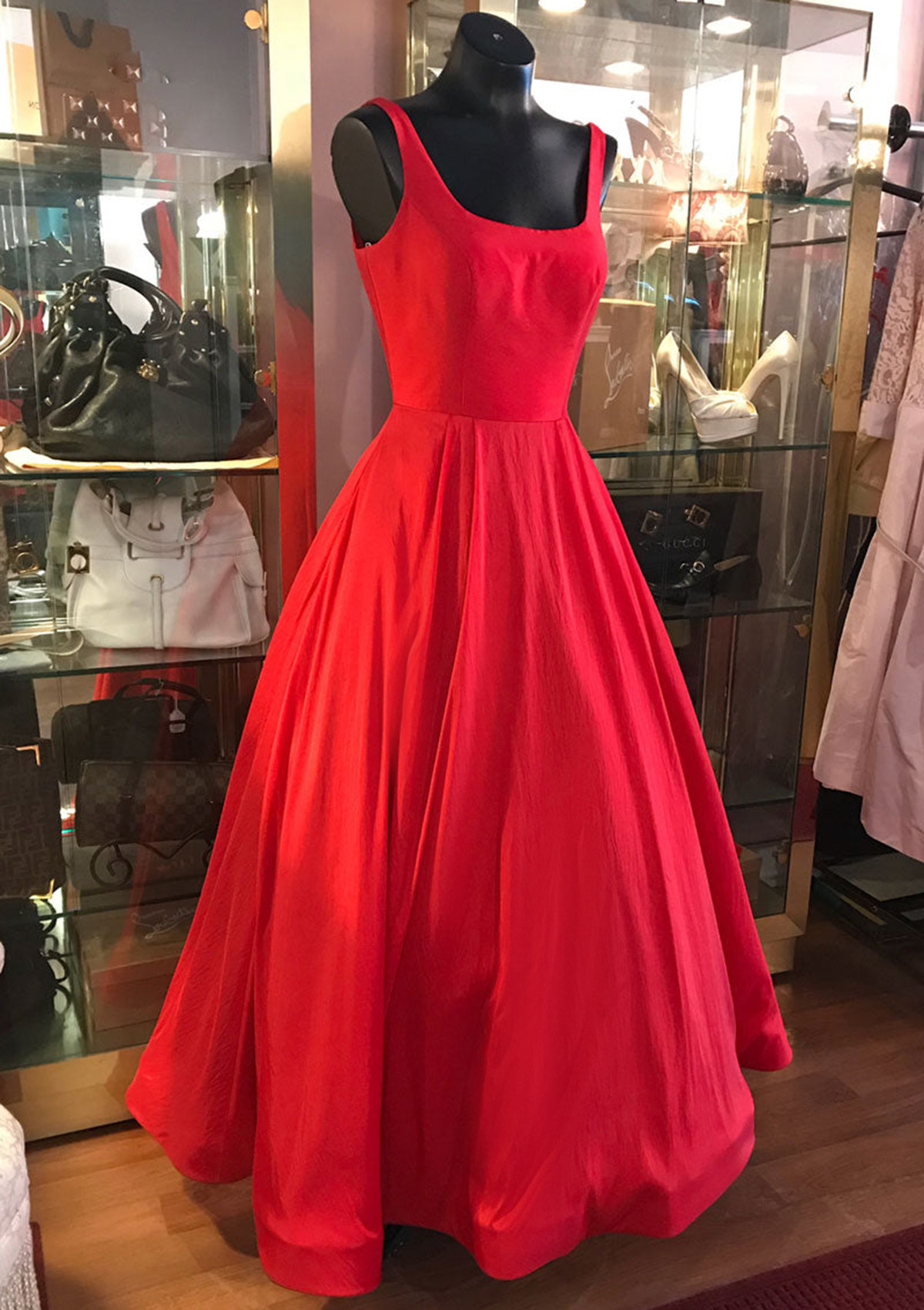 Red A-line Square Neckline Regular Straps Long/Floor-Length Satin Prom Dress - STACEES