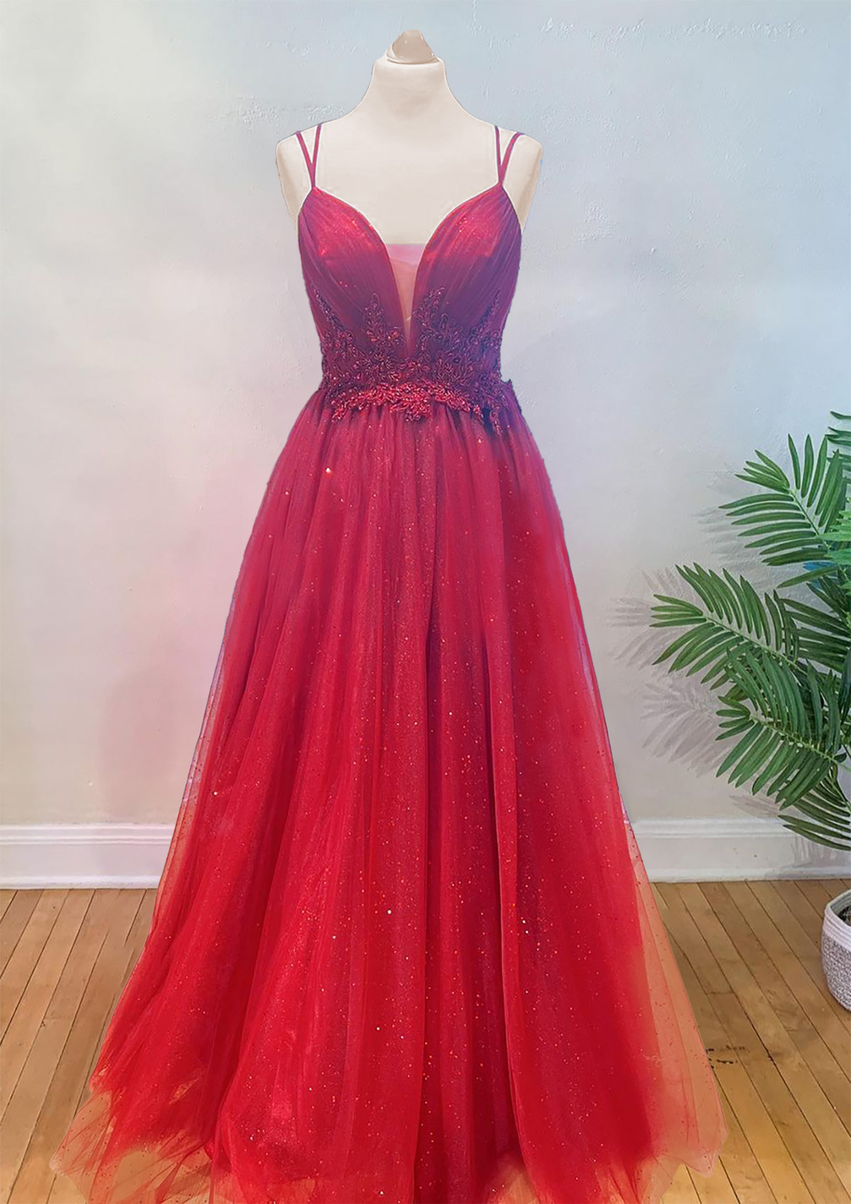 Red A-line V Neck Spaghetti Straps Long/Floor-Length Tulle Prom Dress With Appliqued Beading Pleated Glitter - STACEES