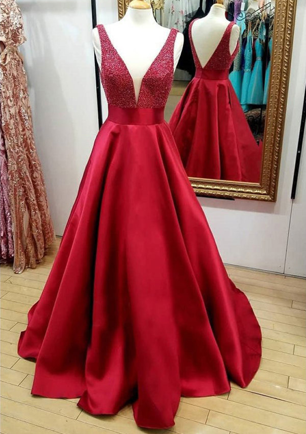Red A-line V Neck Regular Straps Long/Floor-Length Satin Prom Dress With Beading - STACEES
