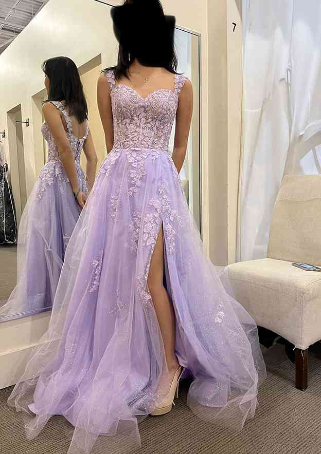 A-line Sweetheart Sleeveless Long/Floor-Length Tulle Glitter Prom Dress With Appliqued Beading Split