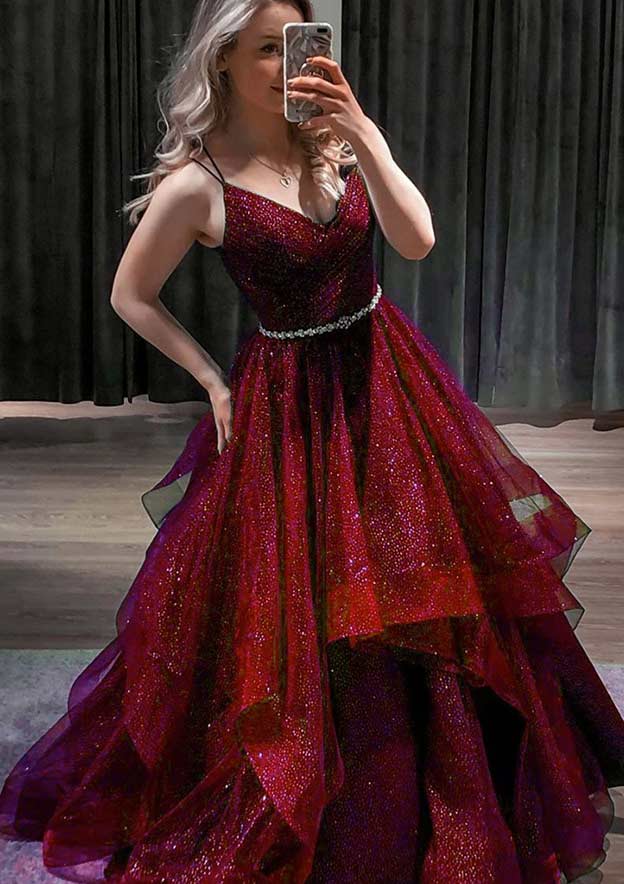 Princess A-line V Neck Spaghetti Straps Long/Floor-Length Glitter Prom Dress With Beading Pleated
