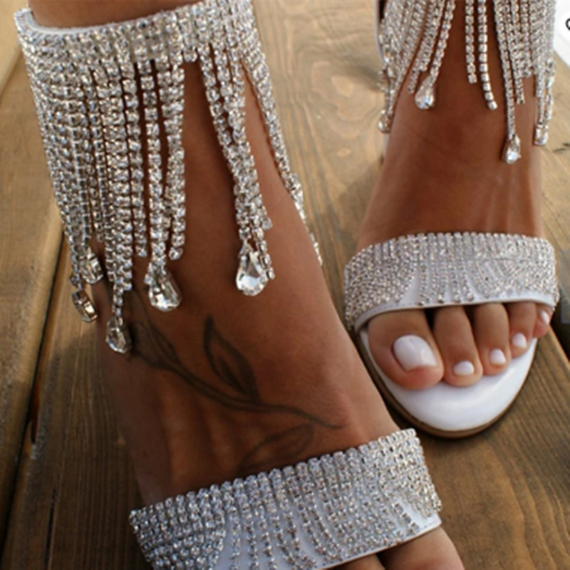 White Peep Toe Chunky Heel Satin Wedding Shoes With Tassel Rhinestone  - STACEES