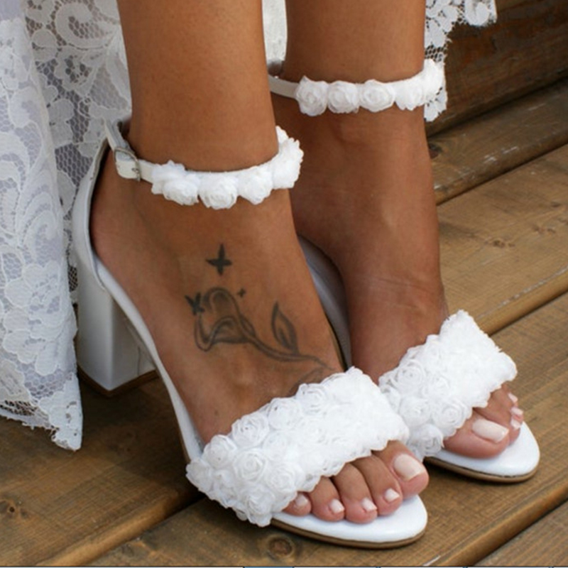 Blanc Femmes pu talons peep toe sandales talon bottier chaussures de mariage avec fleurs  - STACEES