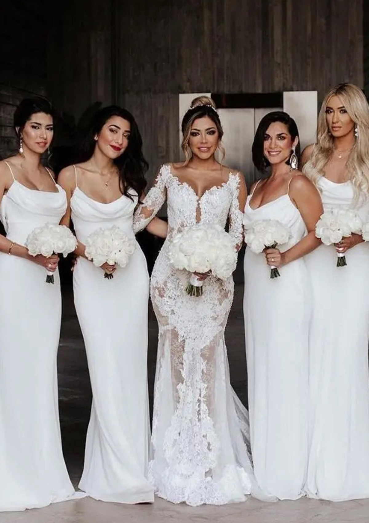 Ivory Sheath/Column Cowl Neck Spaghetti Straps Long/Floor-Length Satin Bridesmaid Dress - STACEES