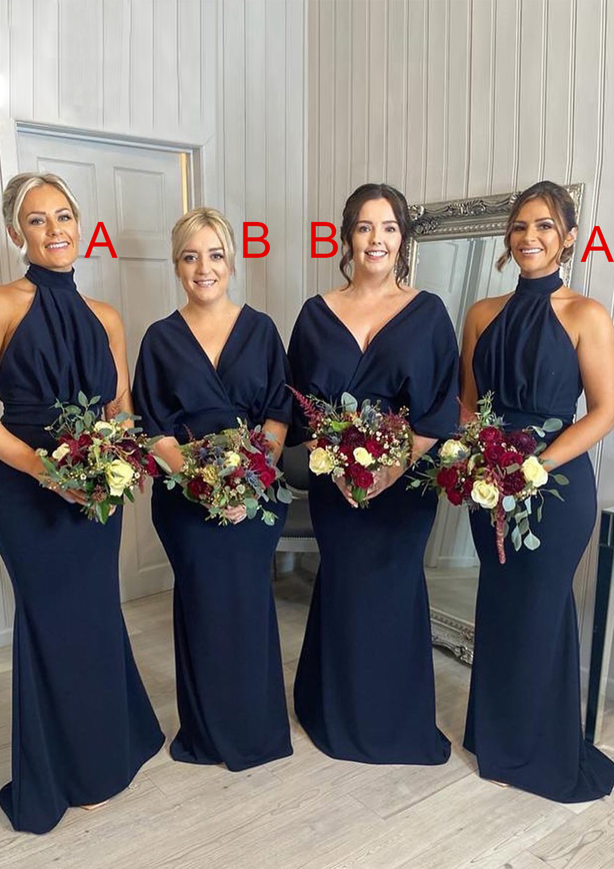 Dark Navy Sheath/Column Sleeveless Long/Floor-Length Satin Bridesmaid Dress With Pleated - STACEES